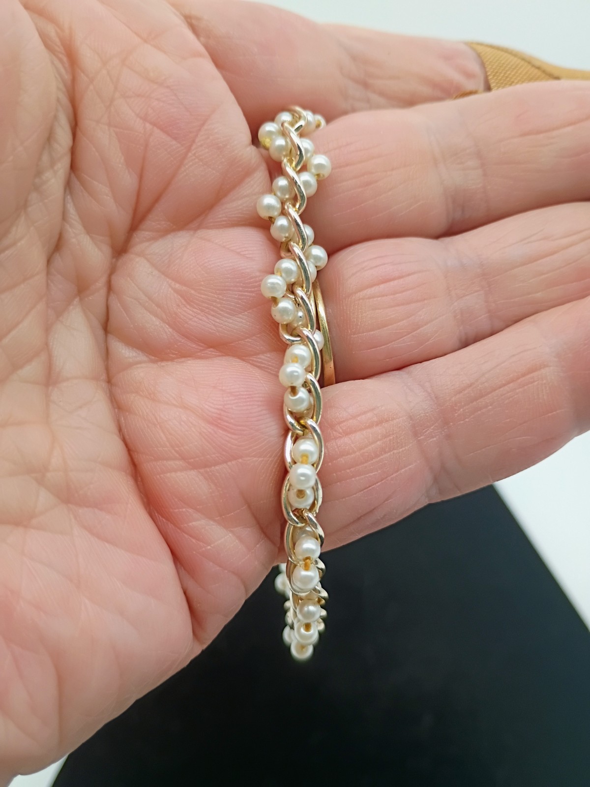 Gold Tone Woven Faux Seed Pearl Dainty Bracelet 7″ Ring Clasp Hand Knotted