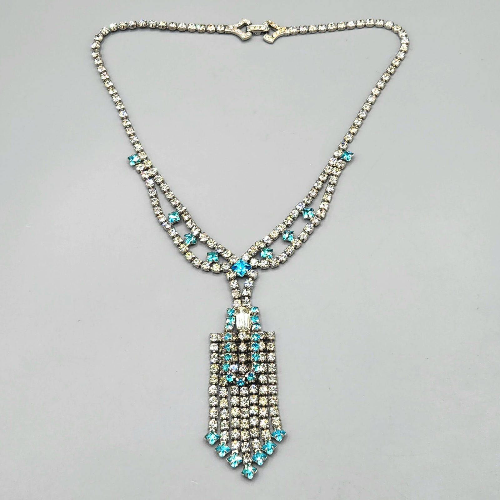 Retro Aqua Light Blue Square Rhinestone Crystal Lavalier Drippy Necklace 16″