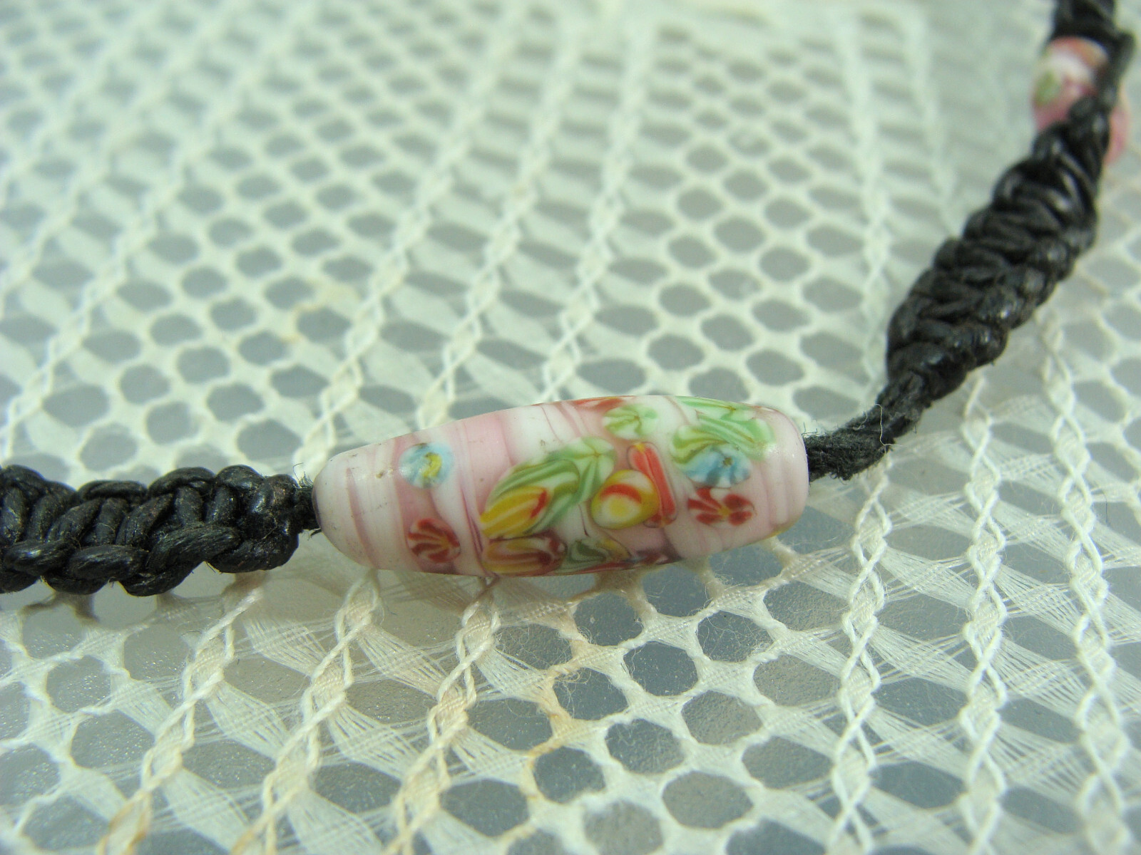 Vtg Millefiori Glass Bead Faux Pearl Hemp Macrame Bohemian Hippy Choker Necklace