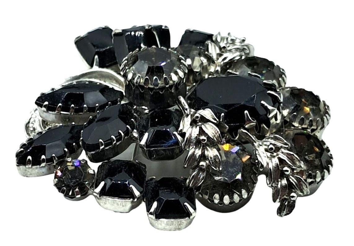 Vintage Rhinestone Brooch Earrings Set Black Clear Rhinestones Jewelry
