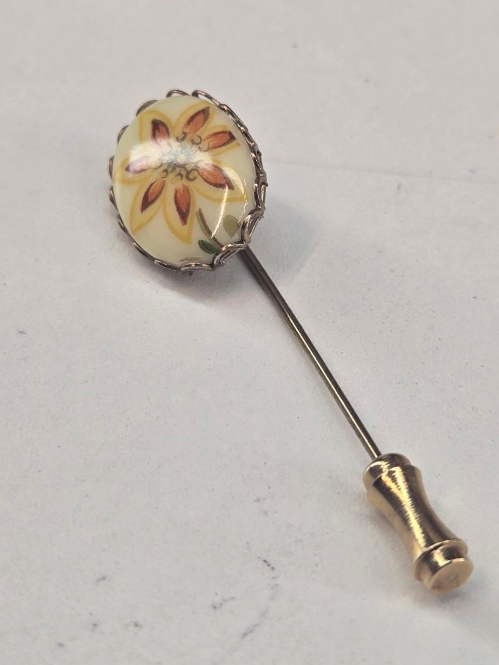 Lenox Stick Pin Cream & Orange Floral Women’s Brooch 14k Gold Plated Vintage