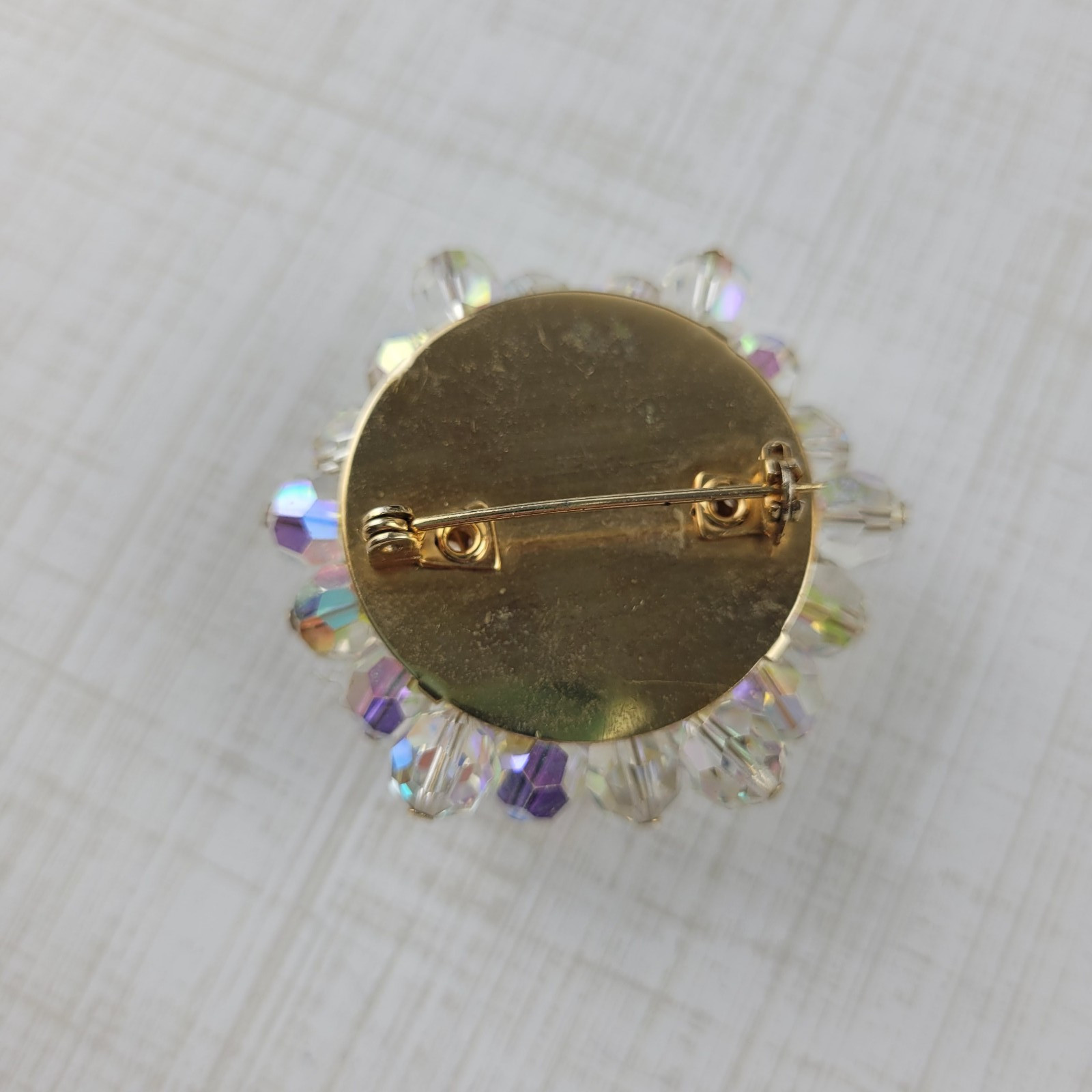 Vintage AB Faceted Crystal Cluster Round Domed Beaded Brooch