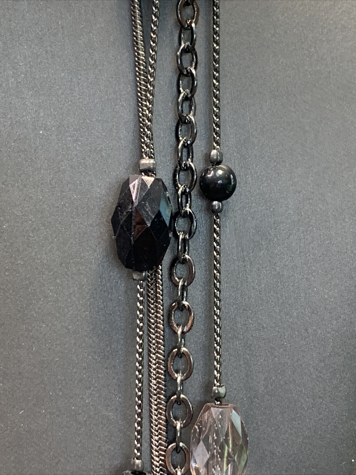 Black beaded long sweater necklace gunmetal gray￼necklace 40” 4 Strand