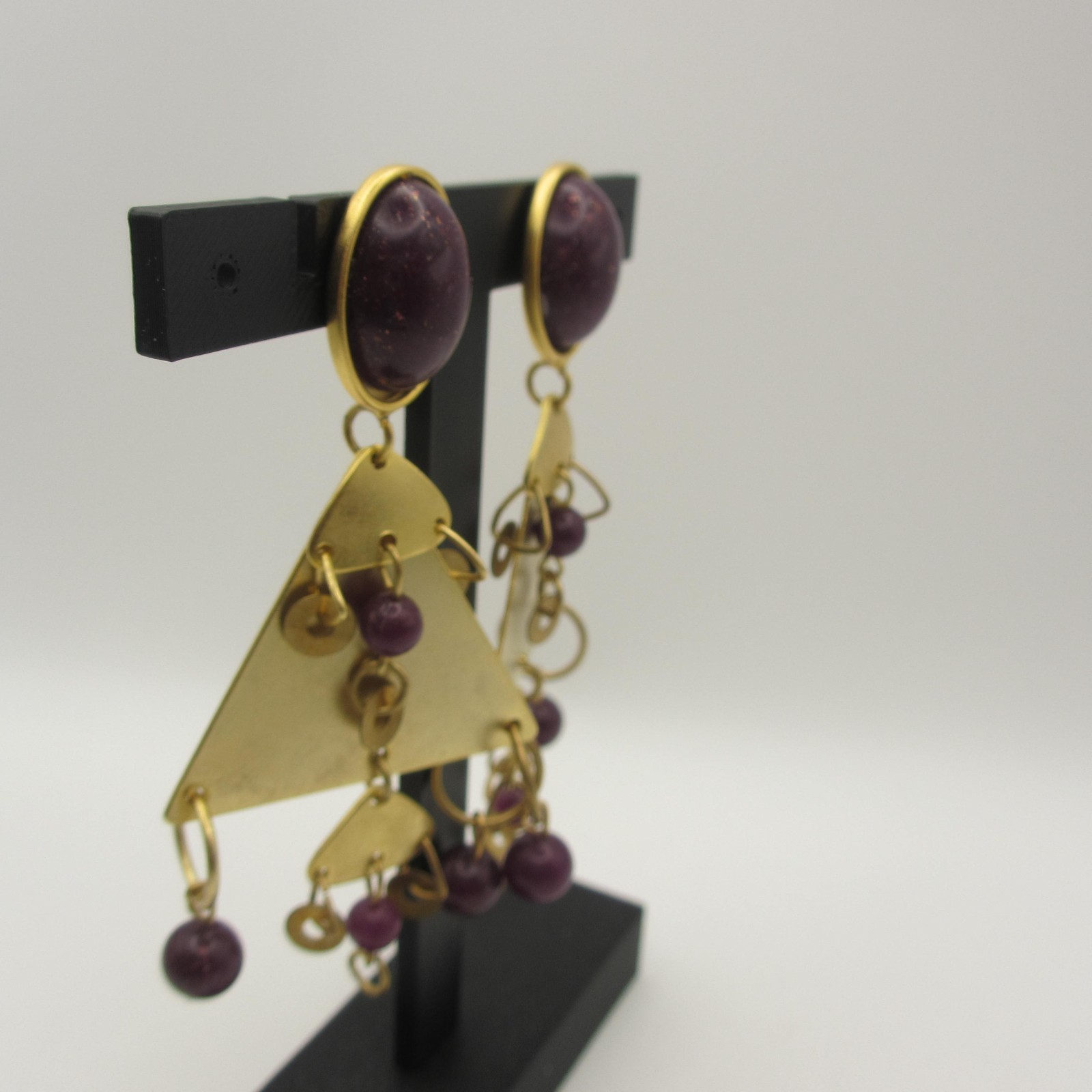 Vintage Statement Earrings Drop Dangle Triangles Purple Beads Bold Post Backs