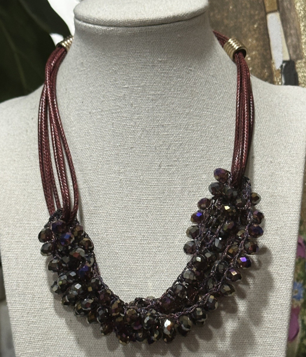 Faceted Purple Beaded Statement Necklace Burgundy Cord Gold Tone 18” Adjustable