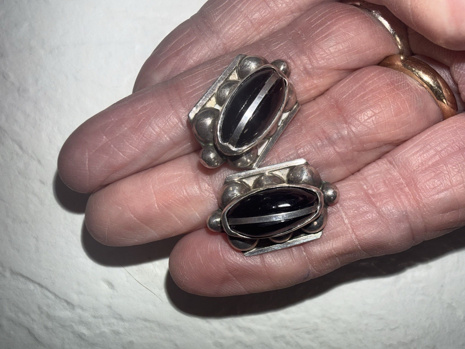 vintage RETRO 1940’s STERLING silver BLACK onyx SPRATLING era PEIRCED earrings
