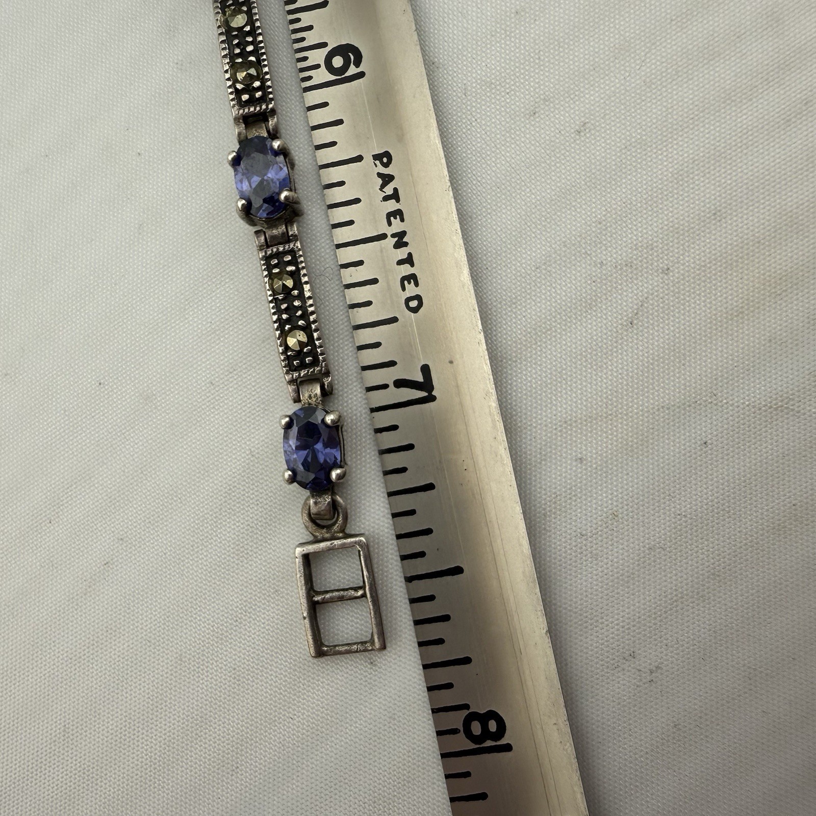 Vintage 925 CW Sterling Bracelet Blue Stones Marcasite 7.5” 13.36g