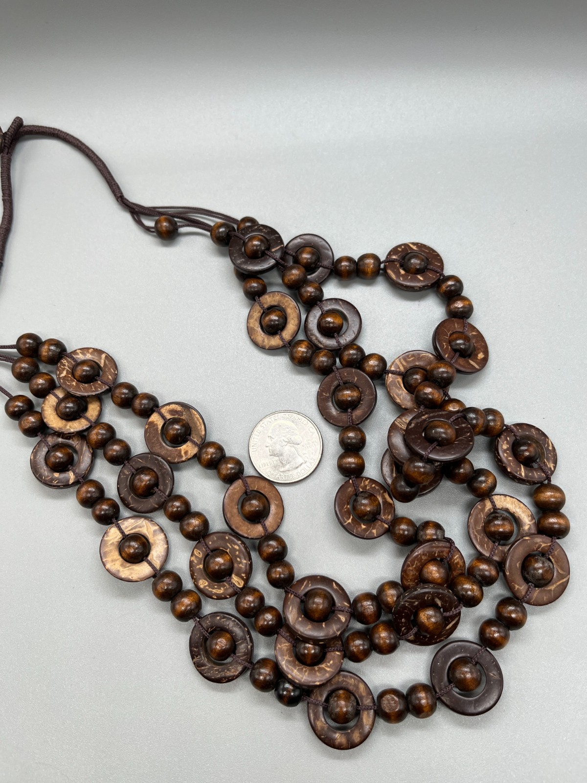Bohemian Boho Wooden Flat Circle Link with Bead 3 Strand Necklace