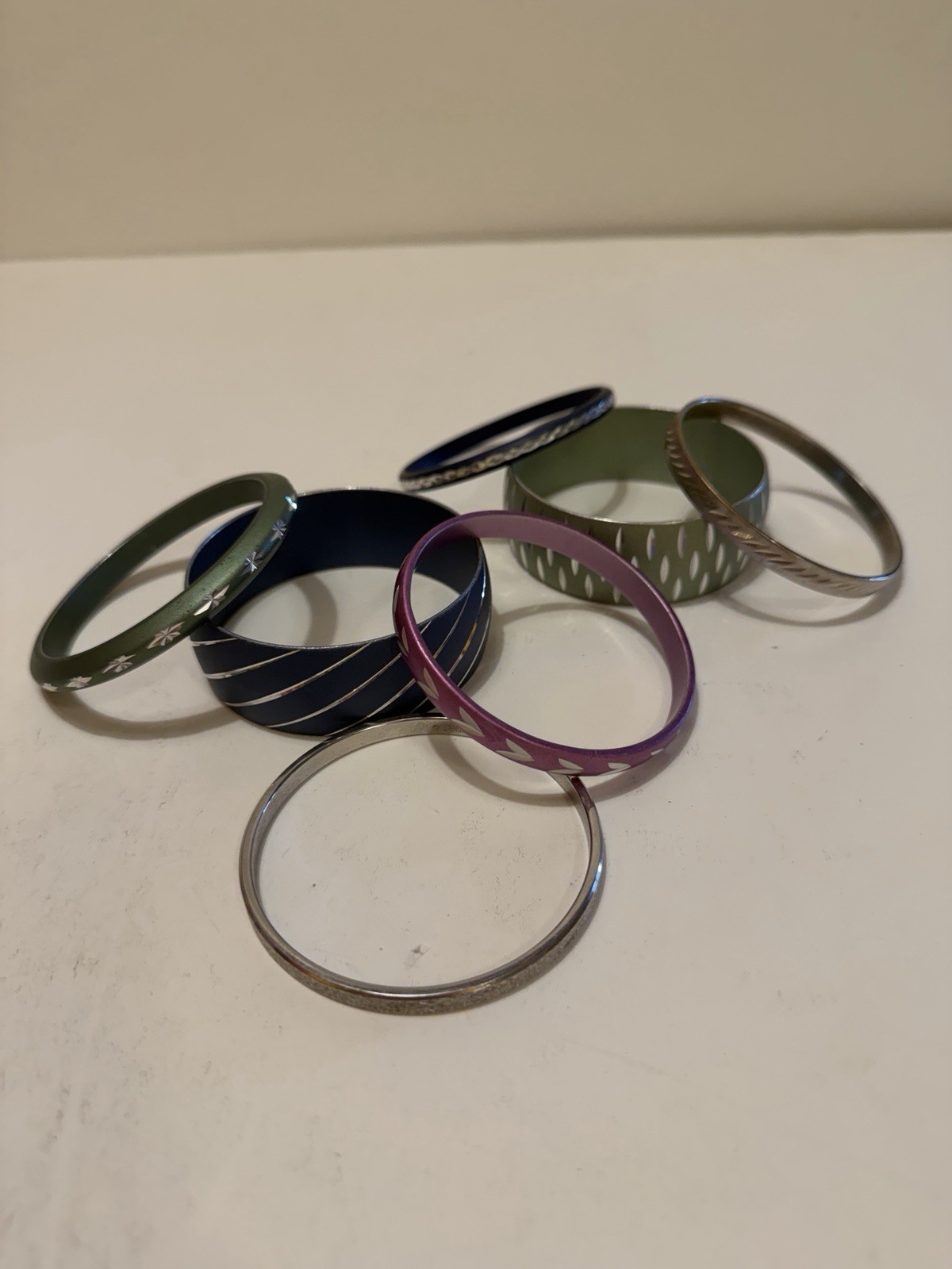 7 Vintage Etched Carved Aluminum Lightweight Bracelets Lot Bangle Cuff Matte