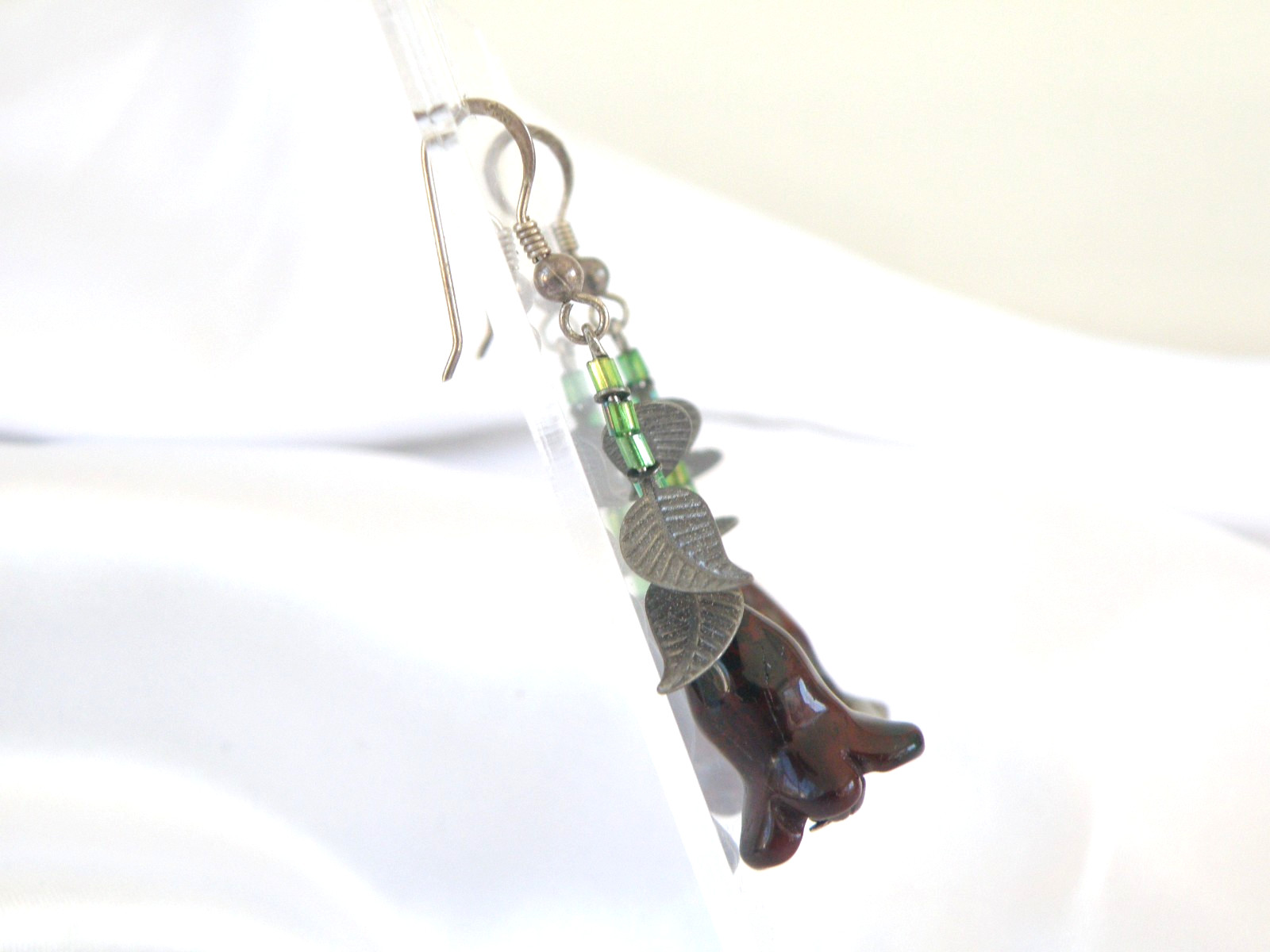 Vintage Sterling Silver 925 Artisan Tulip Flower Carved Stone Dangle Earrings