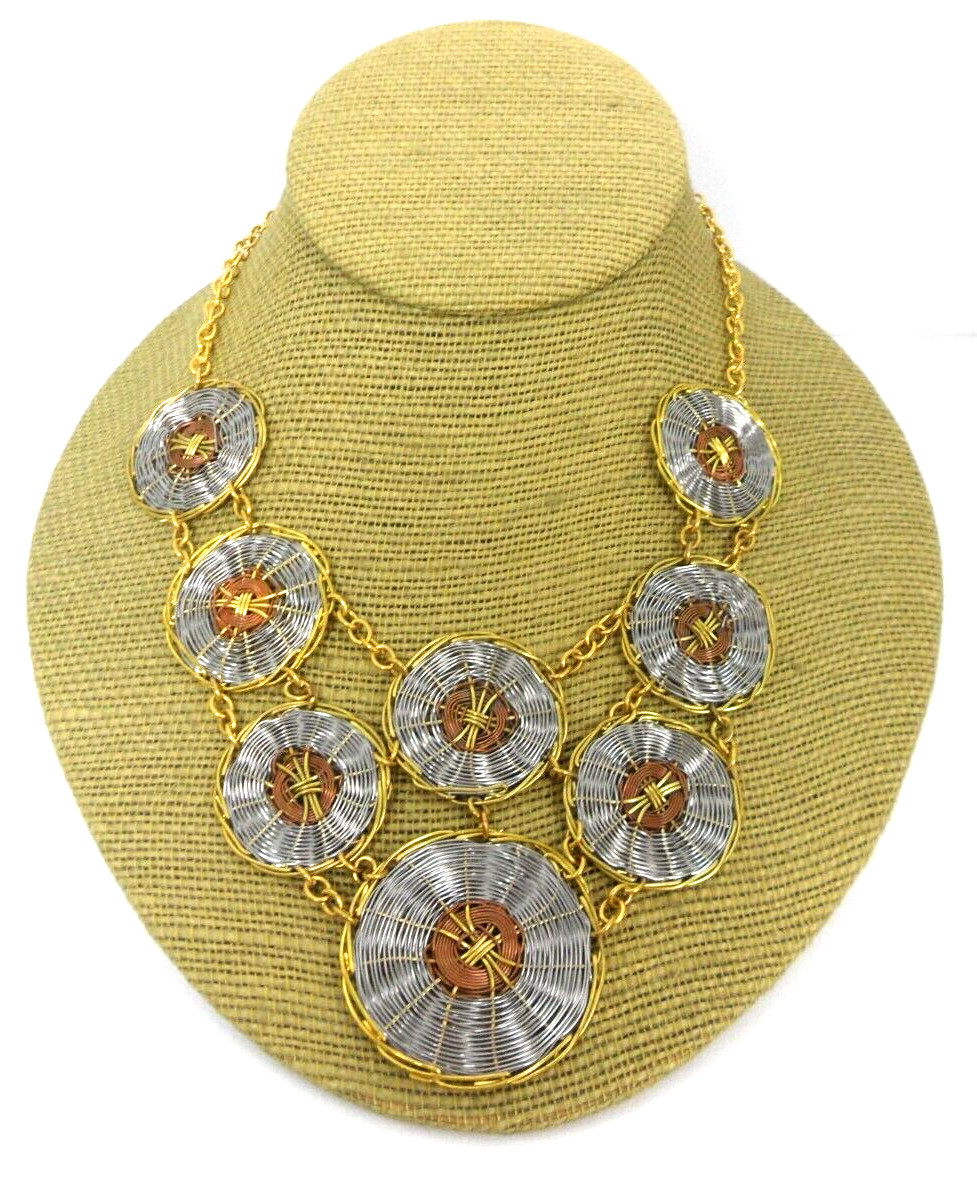 Ethnic Bib Necklace Woven Wire Discs Multi Mixed Metal Copper Shields Medallions