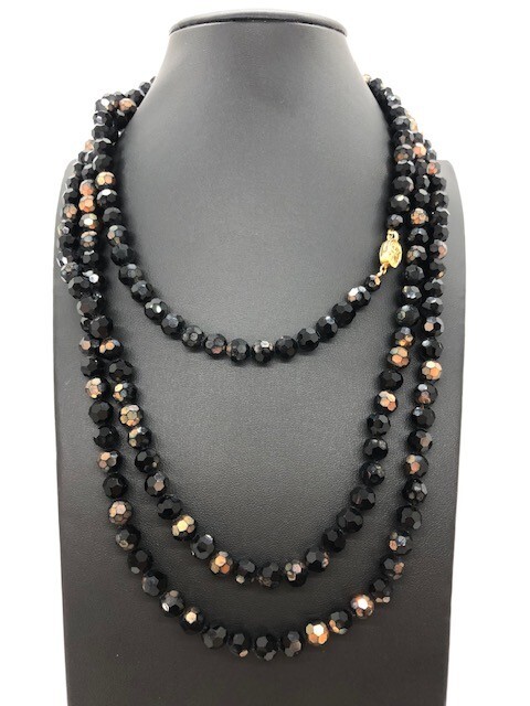Czech Glass Fire Polished Faceted Jet Black Glass Bead Opera Length Necklace
