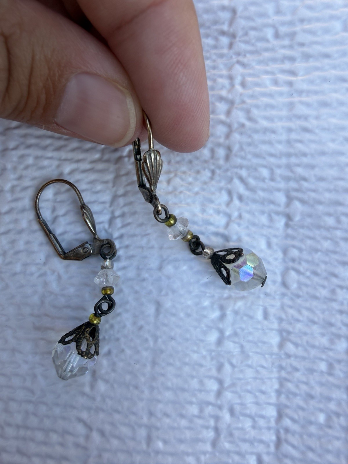 Vintage Aurora Borealis Crystal Bead Drop Earrings Leverback Faceted Dangle Pair