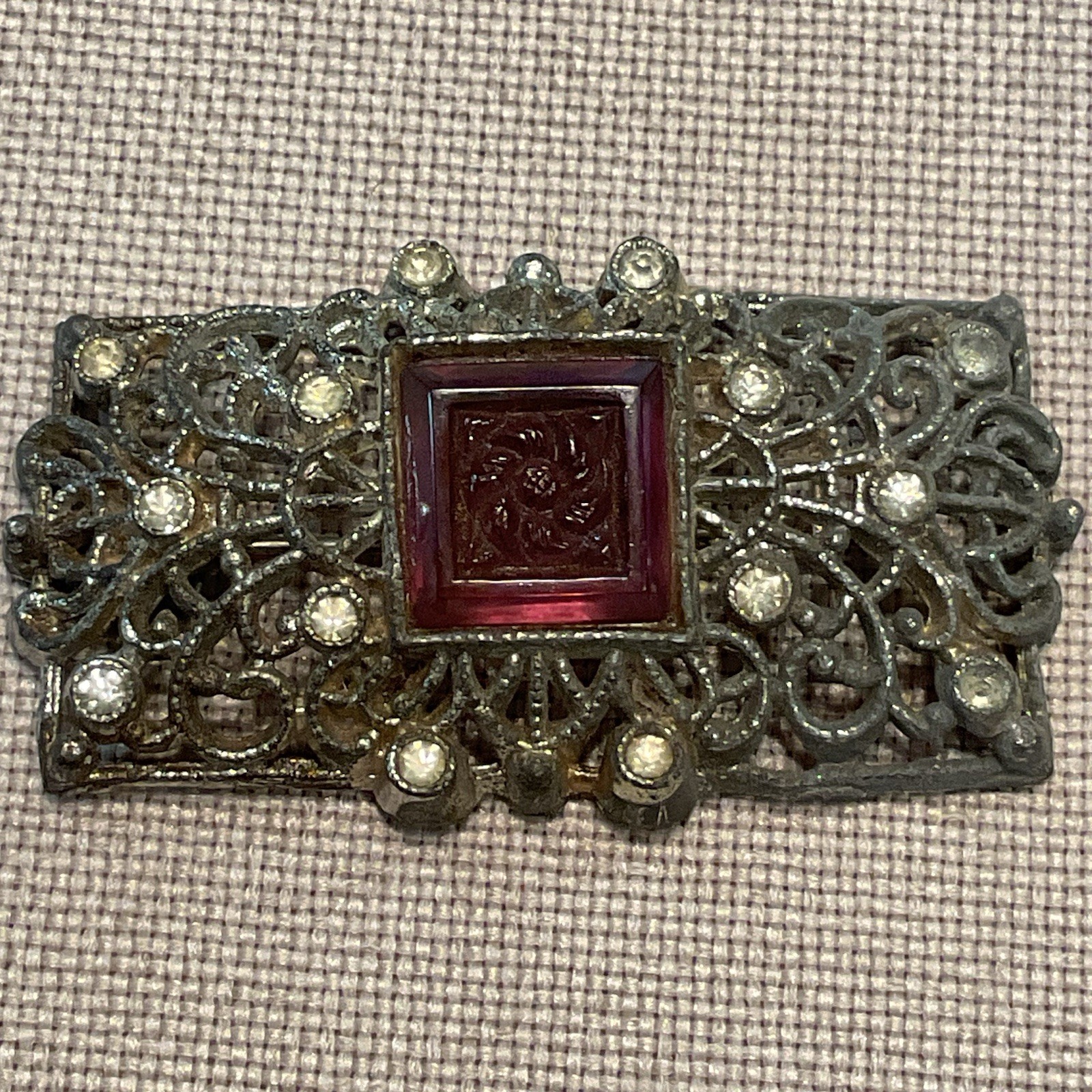 Vintage Brooch Pin Original 1930s 40 Filligree Silver Tone Intaglio Stone Flower