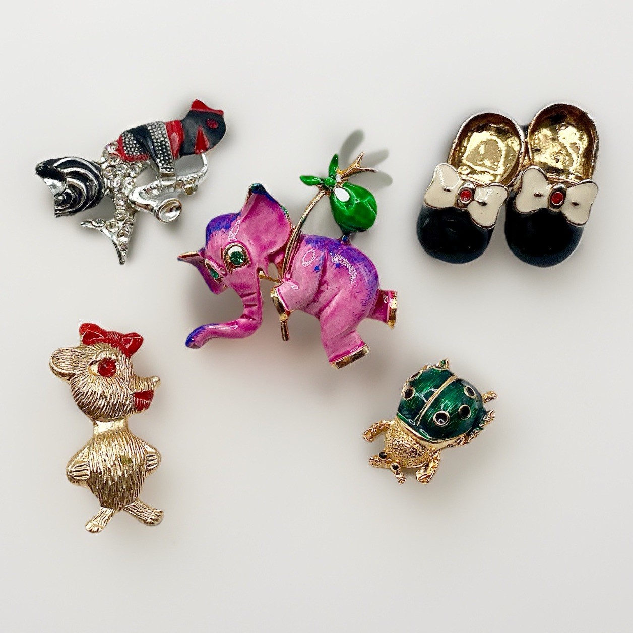 Vintage Kawaii Brooch Pin Lot LG Elephant Bear Ladybug Fish Shoes Hong Kong