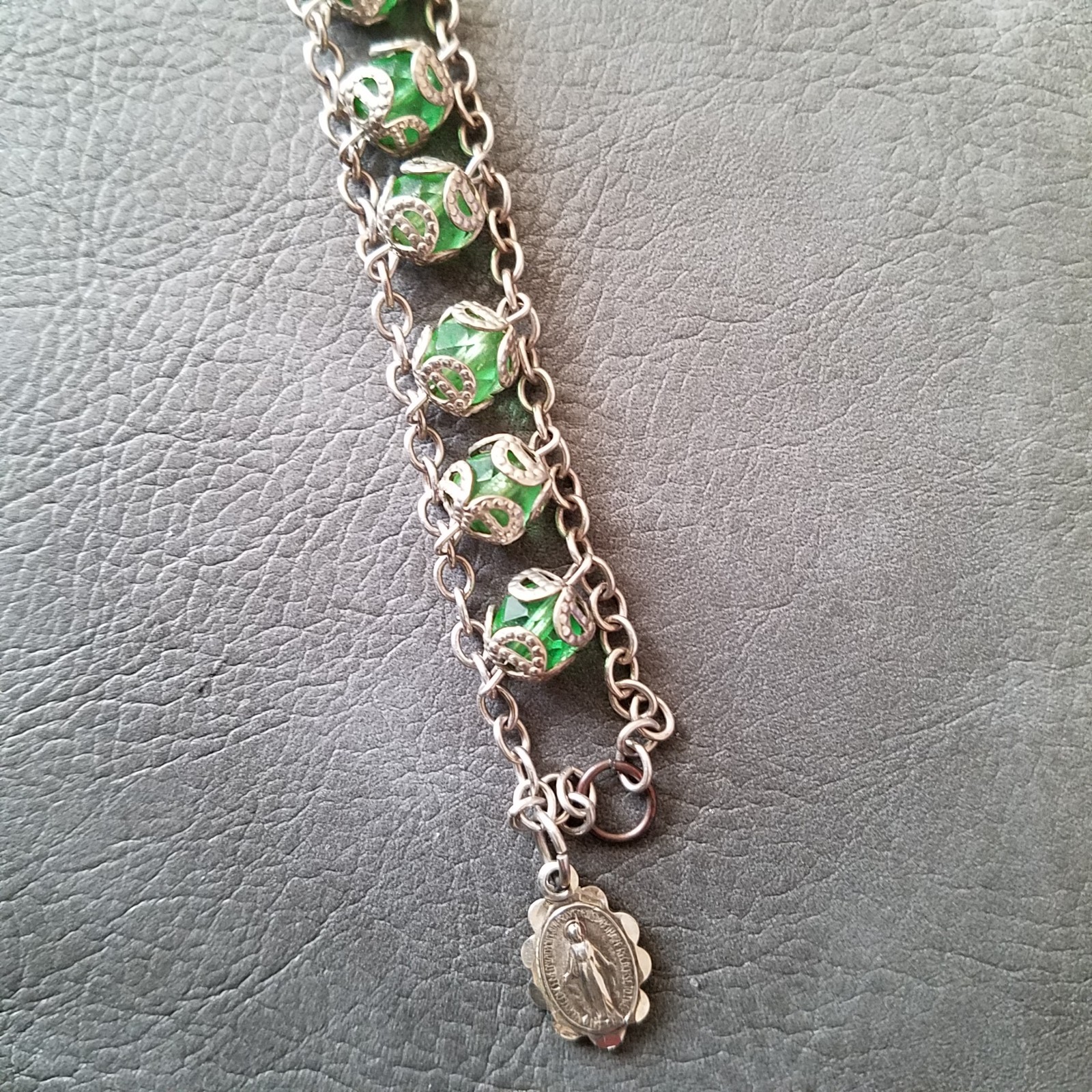 Vintage Sterling Chain Capped Green Bead Rosary Bracelet