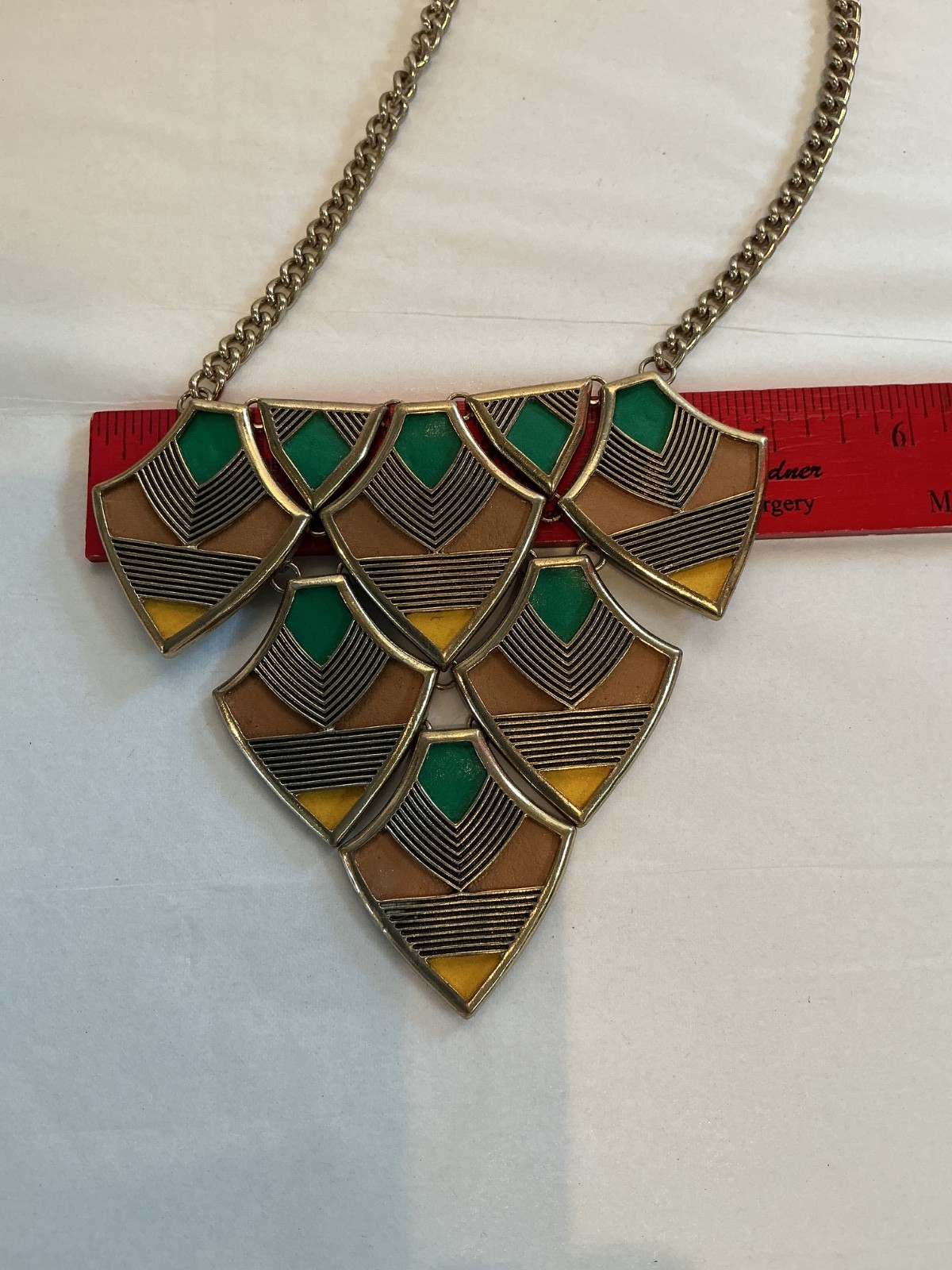 Vintage Art Deco Geometric Bib Statement NECKLACE, fan & chevronm earth tones
