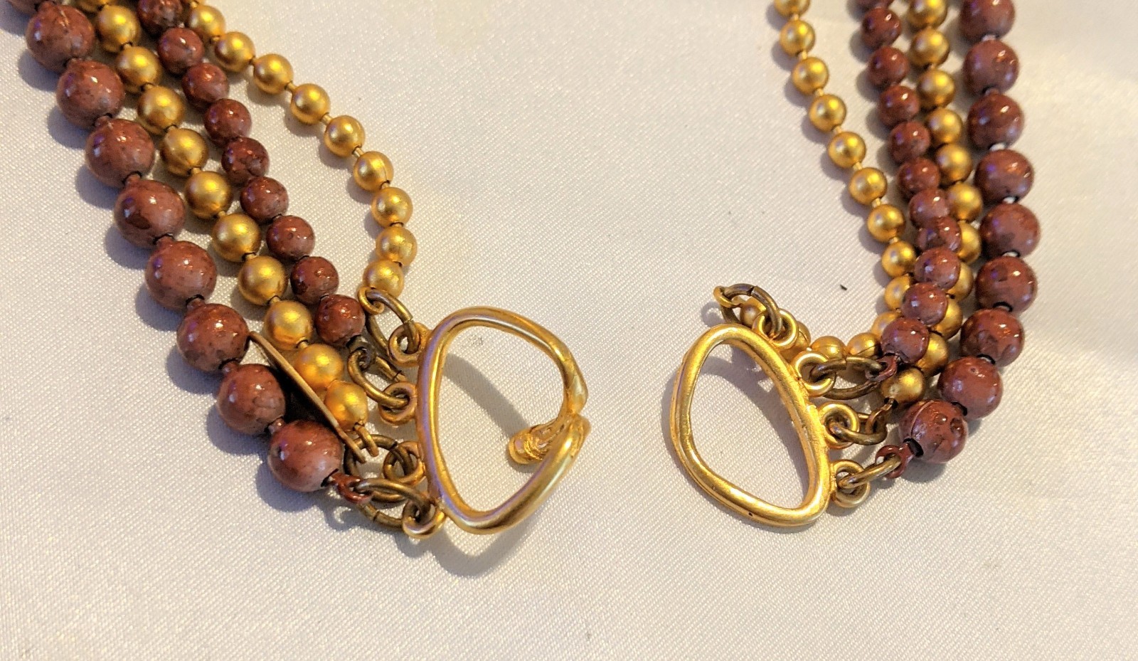 Vintage GEORGIOU Layered Beaded 4-Strand Necklace 27″ Dark Mauve-Beige w/ Gold