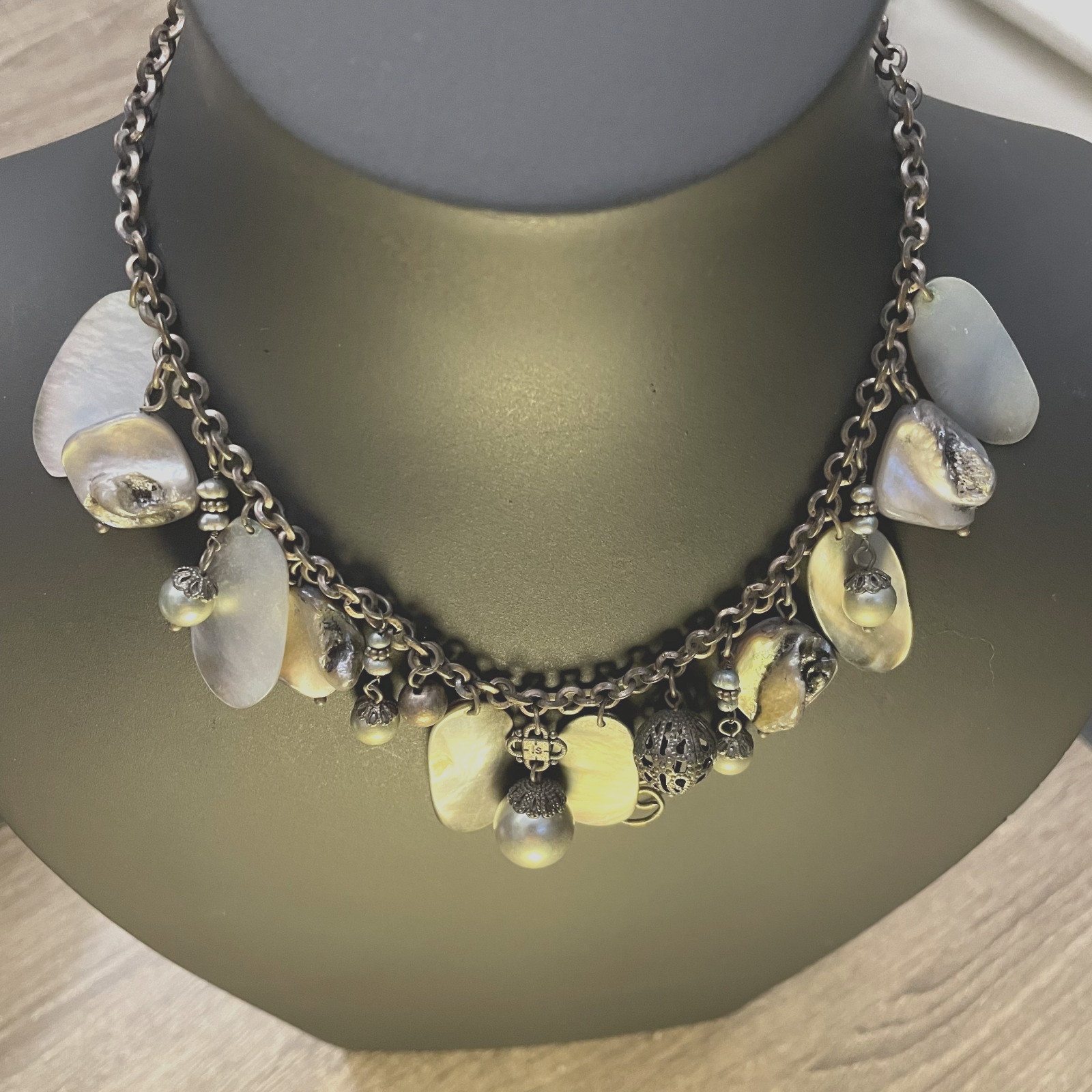 Vintage Lia Sophia Geometric Multi Color Stone & Dangles Brass Tone Necklace 16″