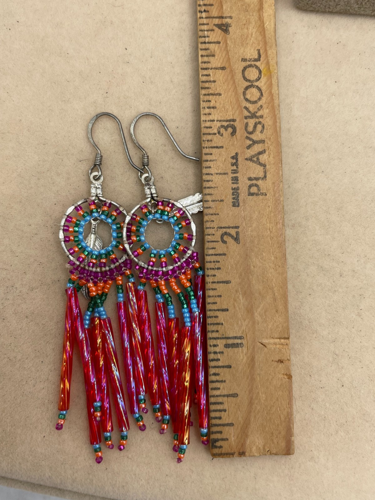 VTG Seed Bead Native dream catcher fringe dangle hook earrings Boho Western 3″