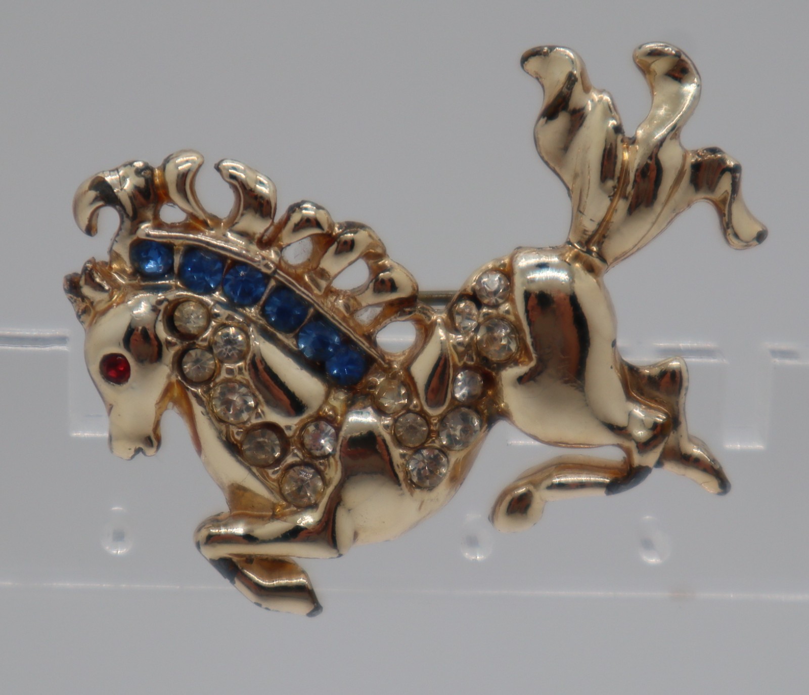 Vintage Figural Carousel HORSE Brooch Pin MCM Blue, Clear, Red Stones Gold tone