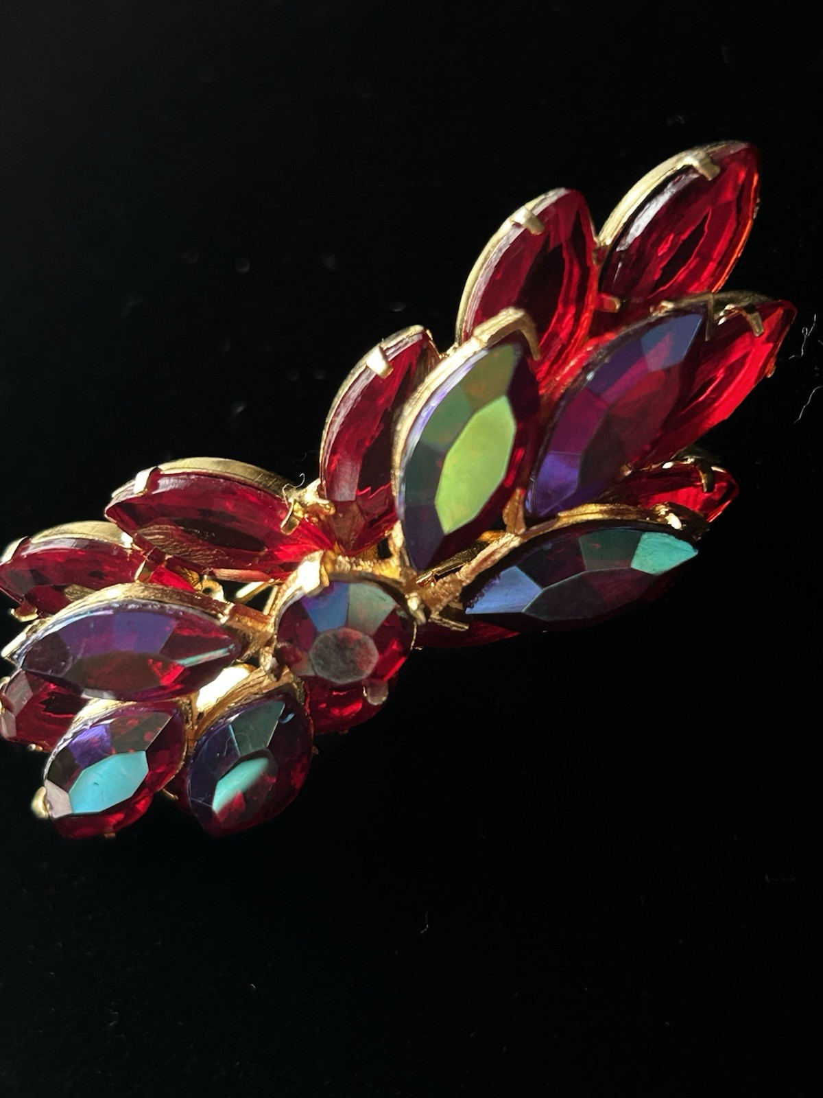 Vintage Red AB Marquise Rhinestone Gold Tone Cluster Brooch Pin 21g