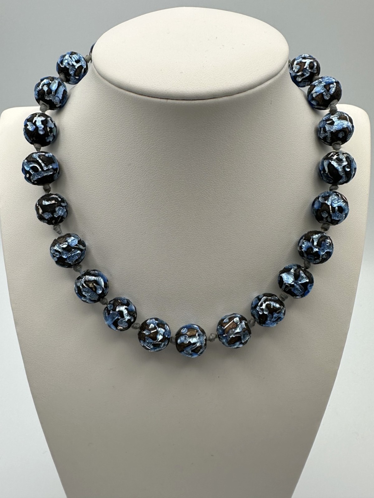 Vintage Czech Art Deco Foil Glass Beaded Choker Necklace Iridescent Blue Bronze