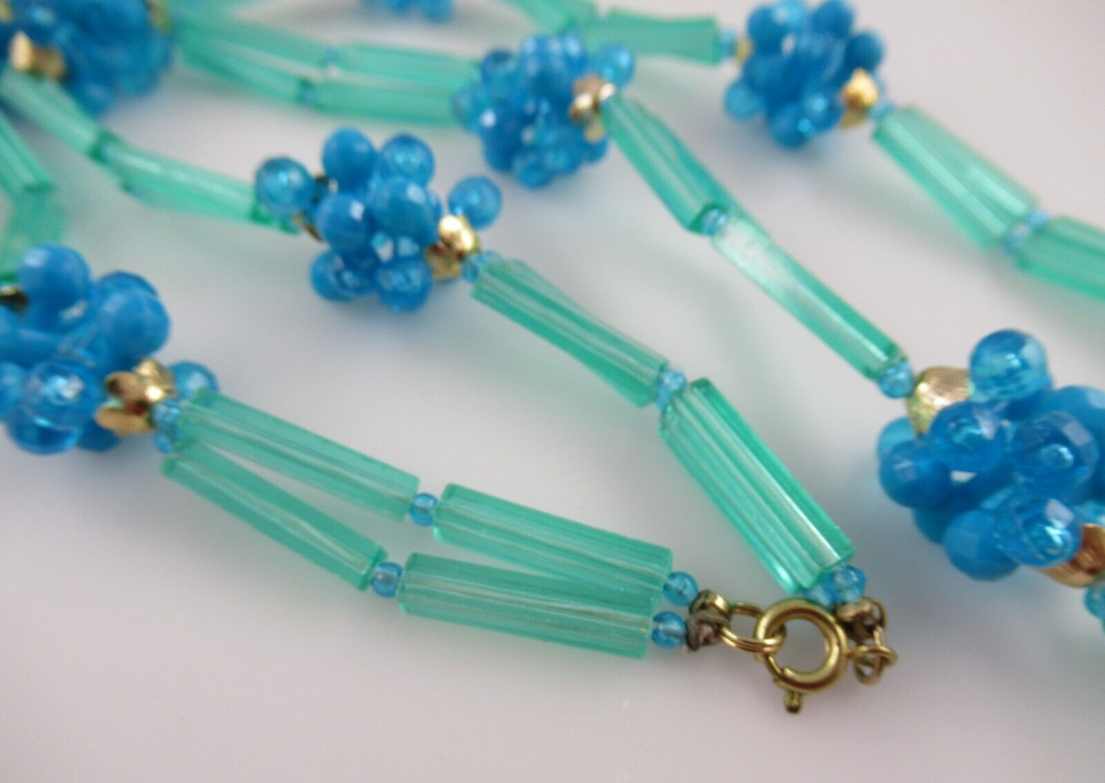 Vintage, Retro Blue & Green Plastic Bead Necklace and Clip On Earrings