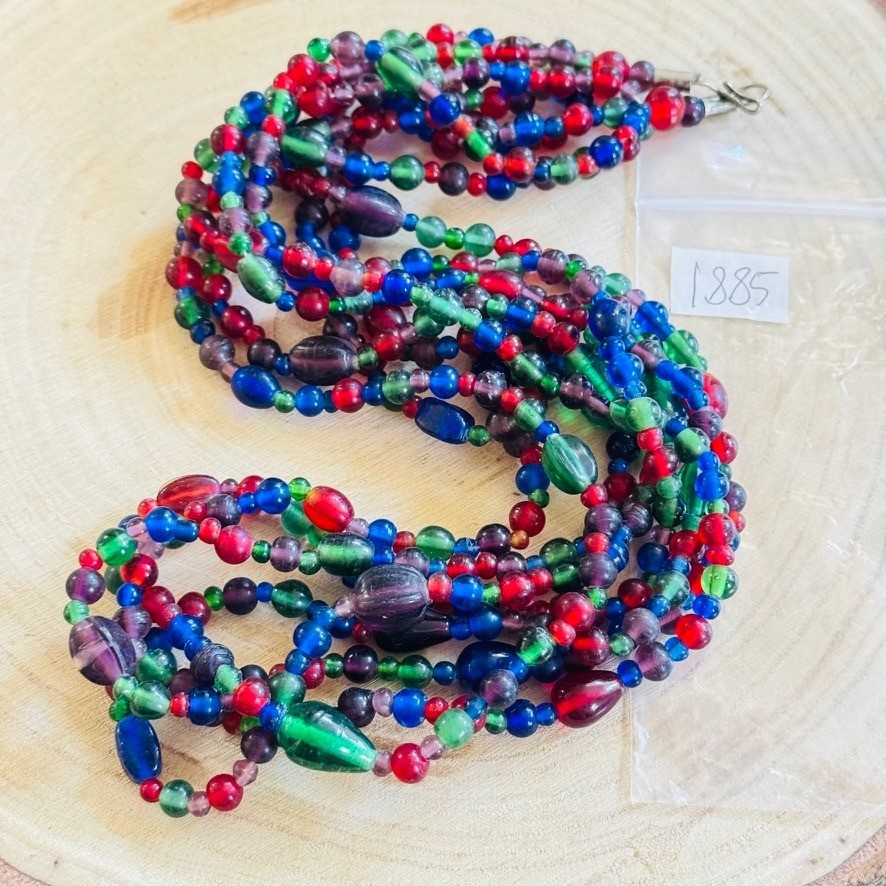 VTG BOHO Necklace Blue purple poured Retro Glass beaded Multi Statement 28″