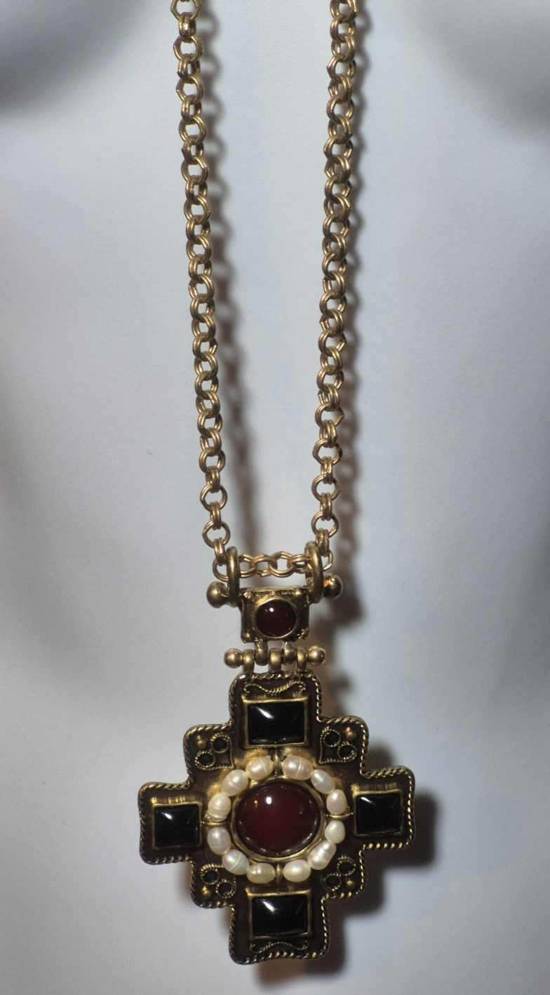 Dell’Olio Byzantine Cross Pendant Necklace Faux Pearl Red Black Statement