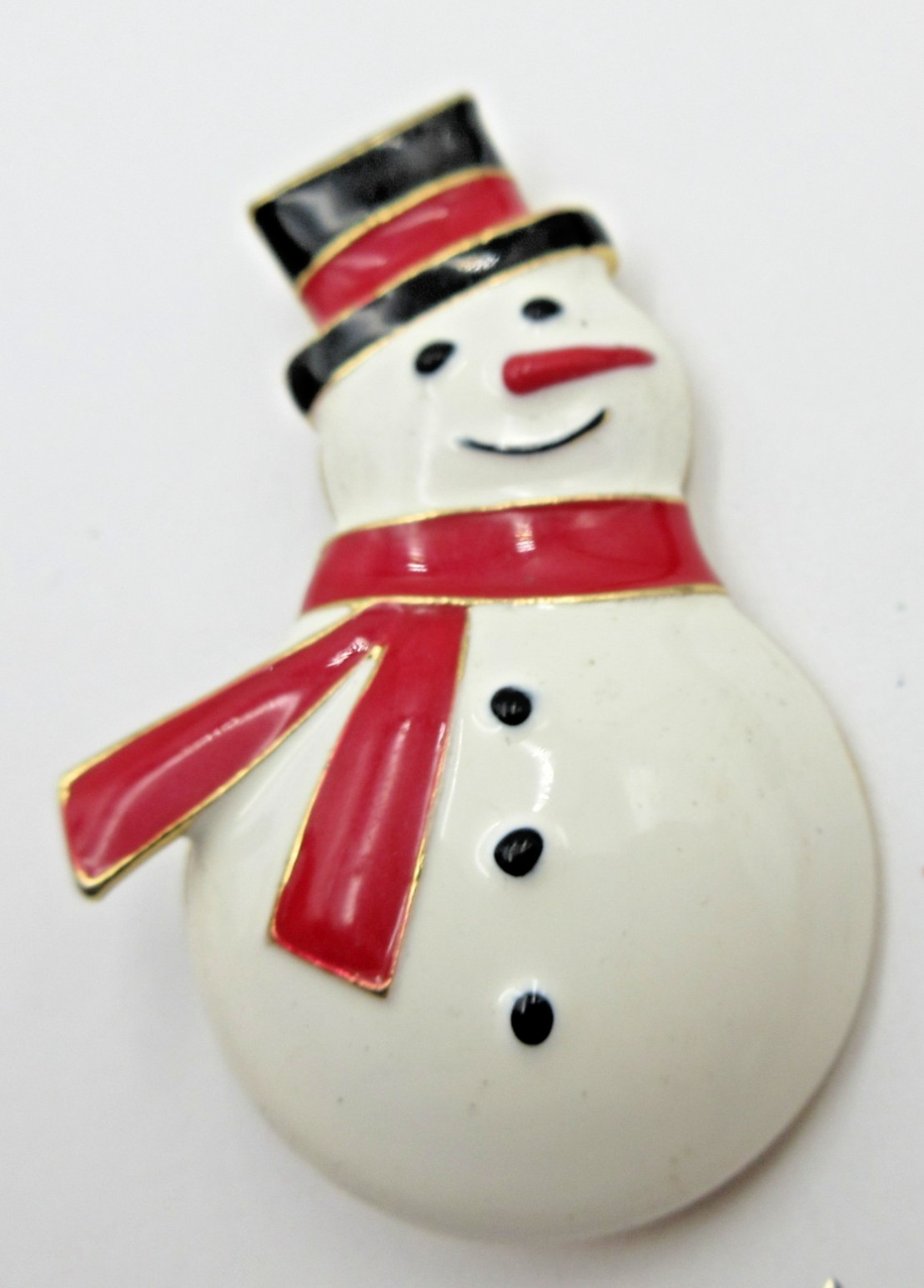 VTG BIG ENAMEL SNOWMAN HAT SCARF CHRISTMAS red black white brooch gold tone pin