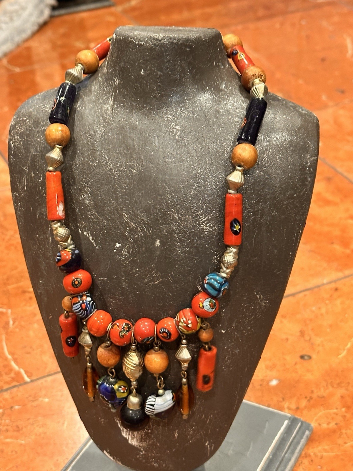 MOROCCAN BERBER CERAMIC WOOD GLASS STAR FLORAL DANGLING BEADS 19″ NECKLACE EUC