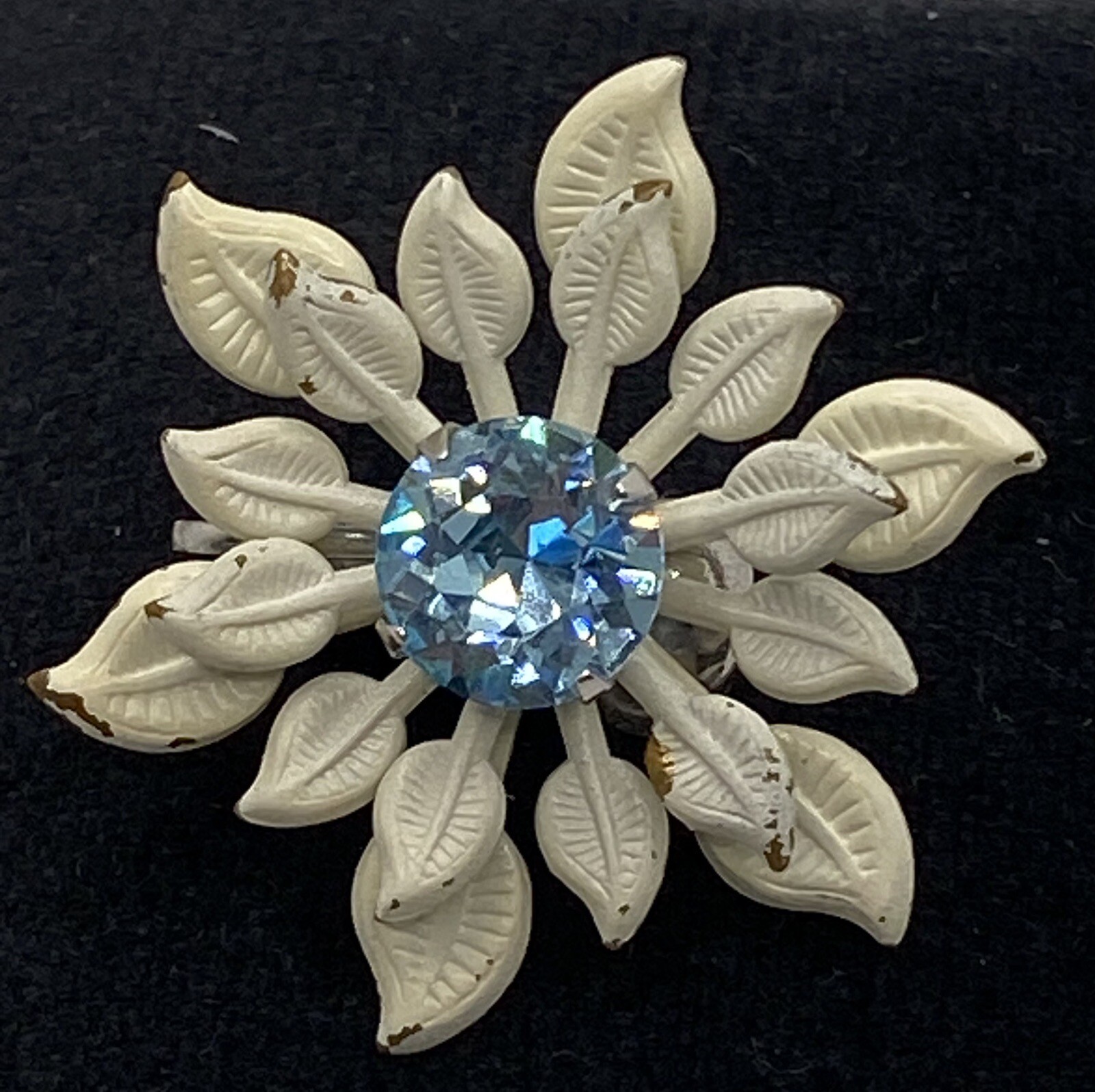 Vintage White Enamel Blue Topaz Rhinestone Flower Brooch & Clip-on Earring Set