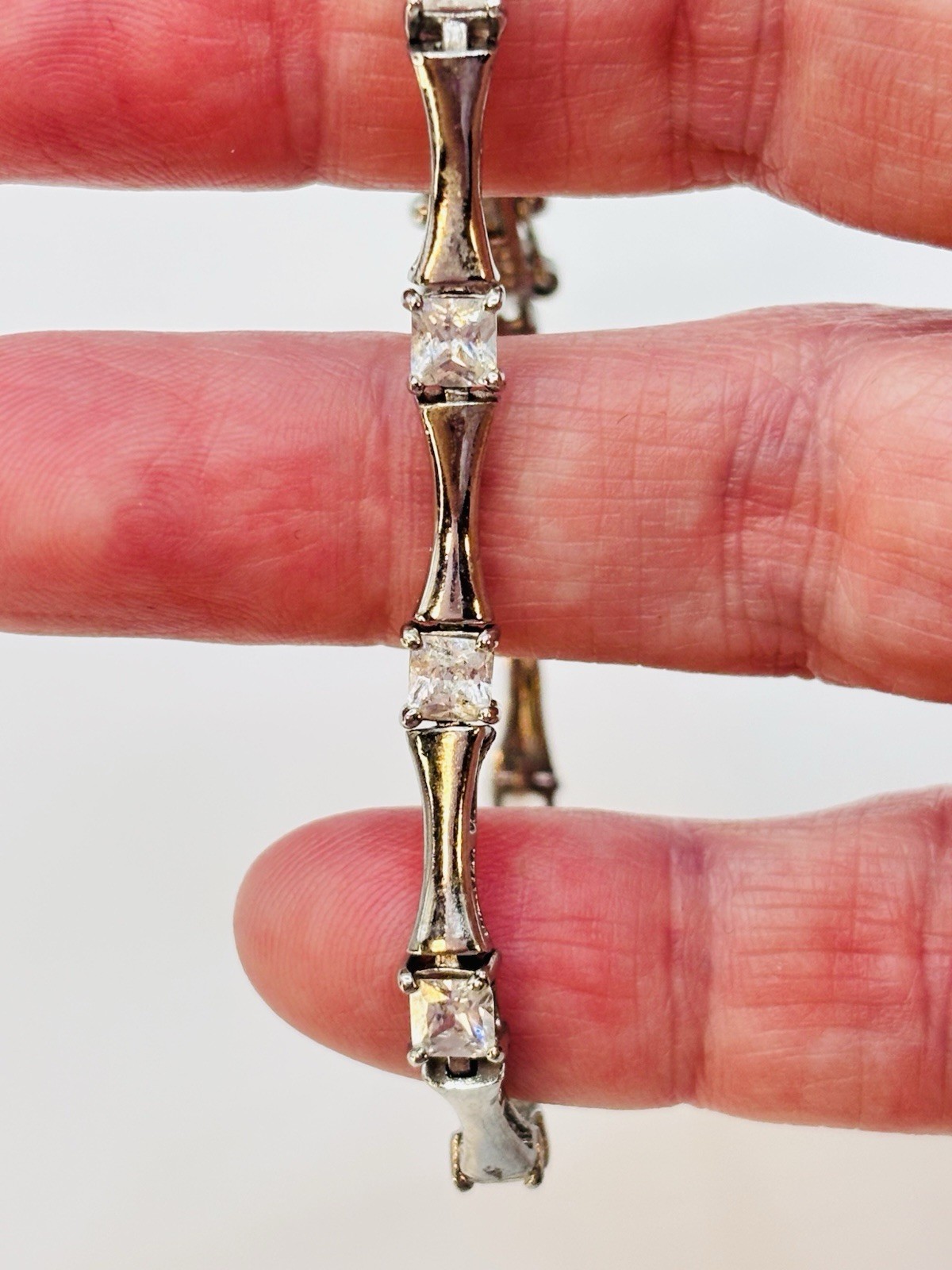 Vintage 925 Sterling Silver Princess Cut CZ Bamboo Link Tennis Bracelet 7″
