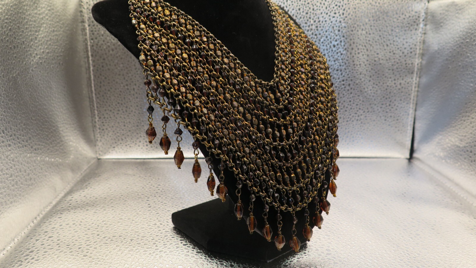Vintage Collar Beaded Necklace- Brown Beads and Bronze Tone Chain