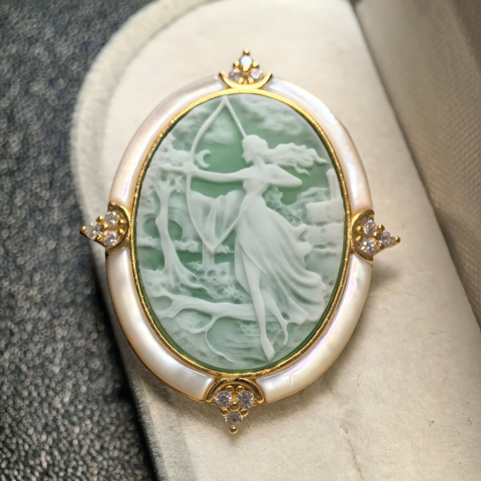 925 silver green Athena Agate cameo brooch pendant vintage estate jewelry