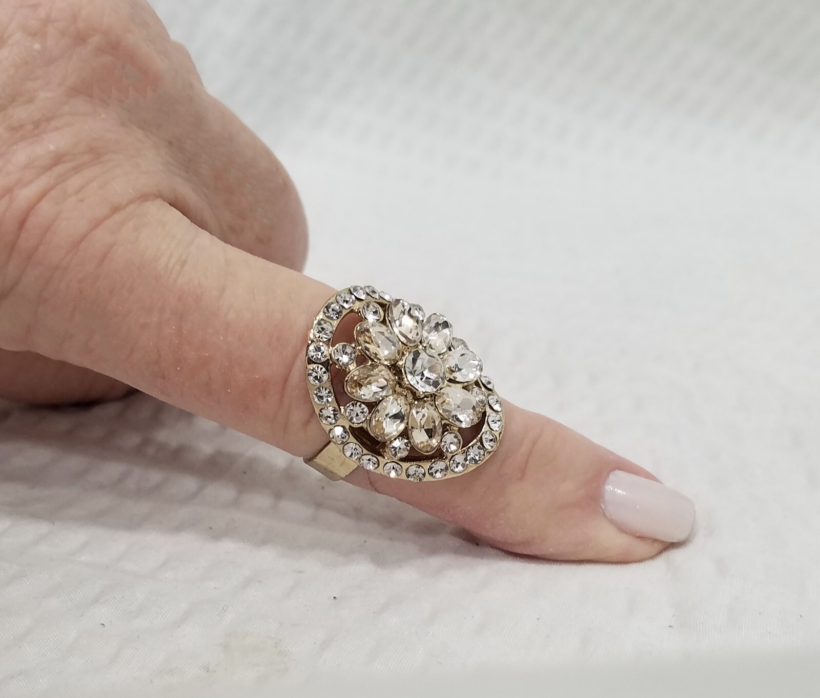 Vintage Gold Tone Clear & Champagne Crystal Domed Oval Adjustable Cocktail Ring