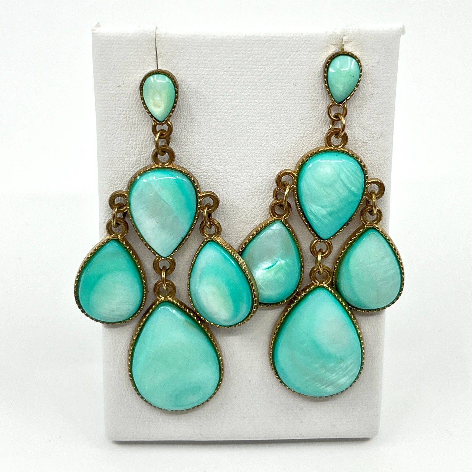 Vintage Boho Gold Tone Teal Faux MoP Teardrop Chandelier Blue Dangle Earrings