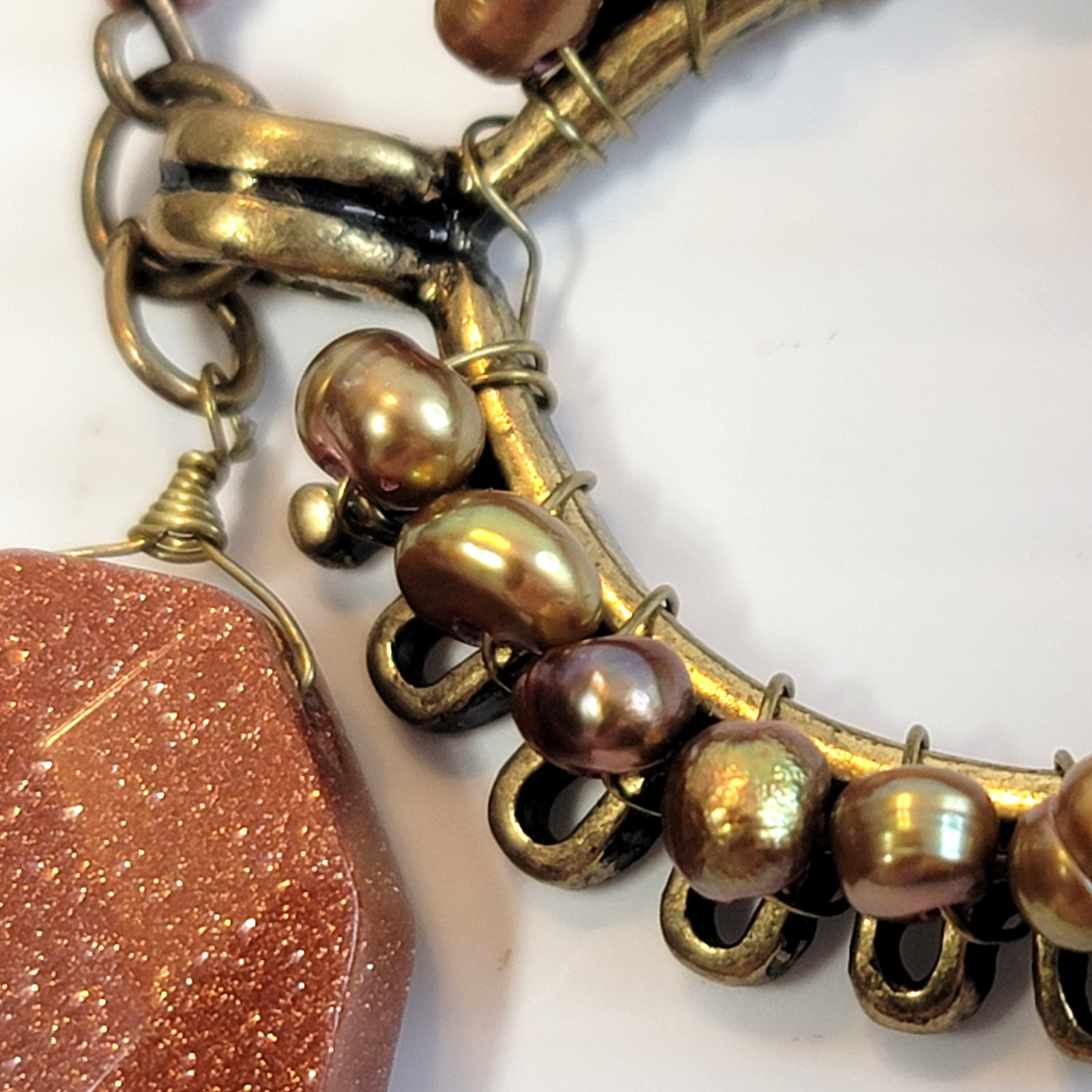 Vintage Coldwater Creek Goldstone and Pearls Bronze Tone Bib Festoon Necklace