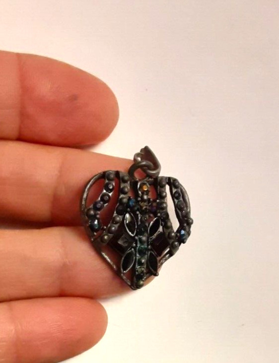 Vintage Pewter Openwork Pendant or Zipper Pull w/Enamel & Rhinestones