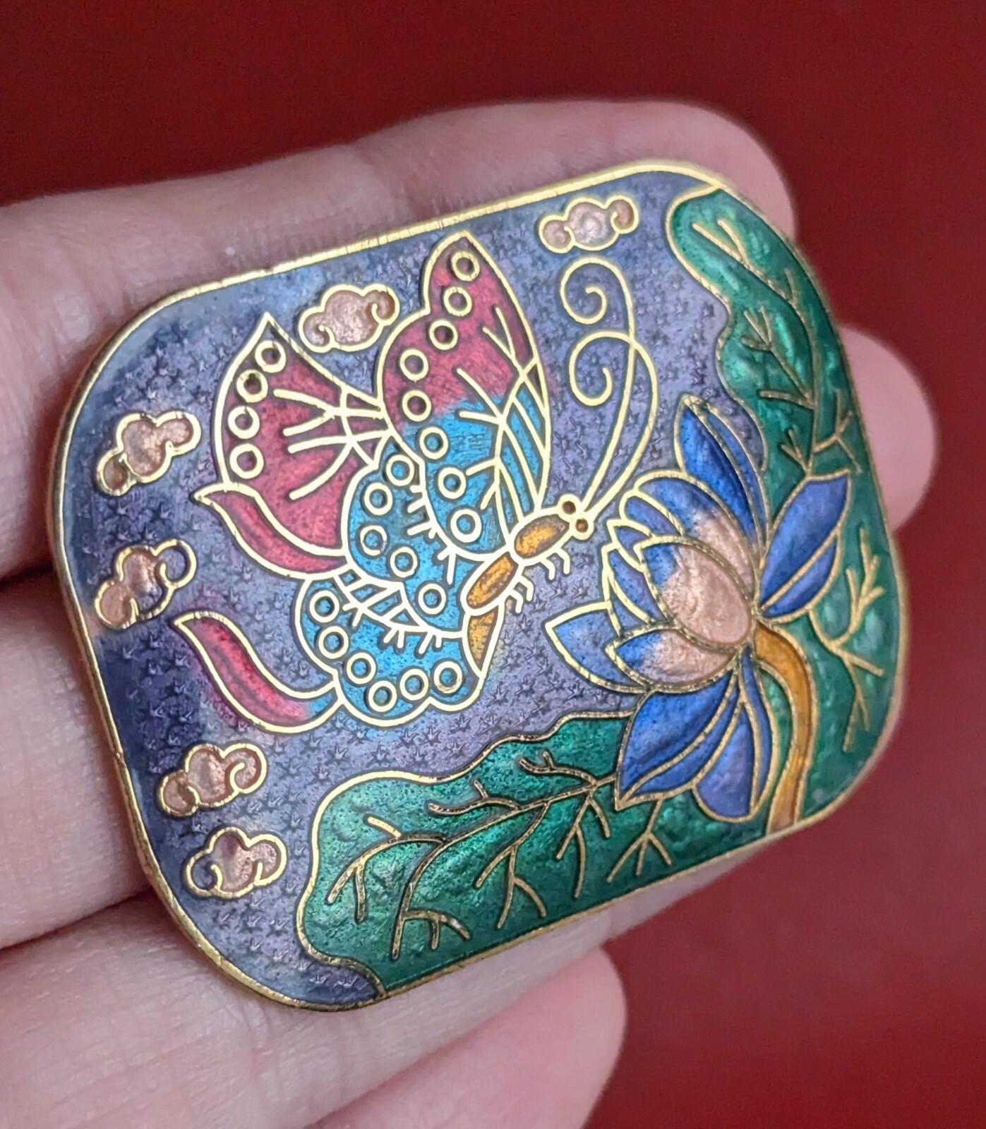 Vintage 2″ Blue Green Red Butterfly Flower Cloisonne Enamel Gold Tone Brooch Pin