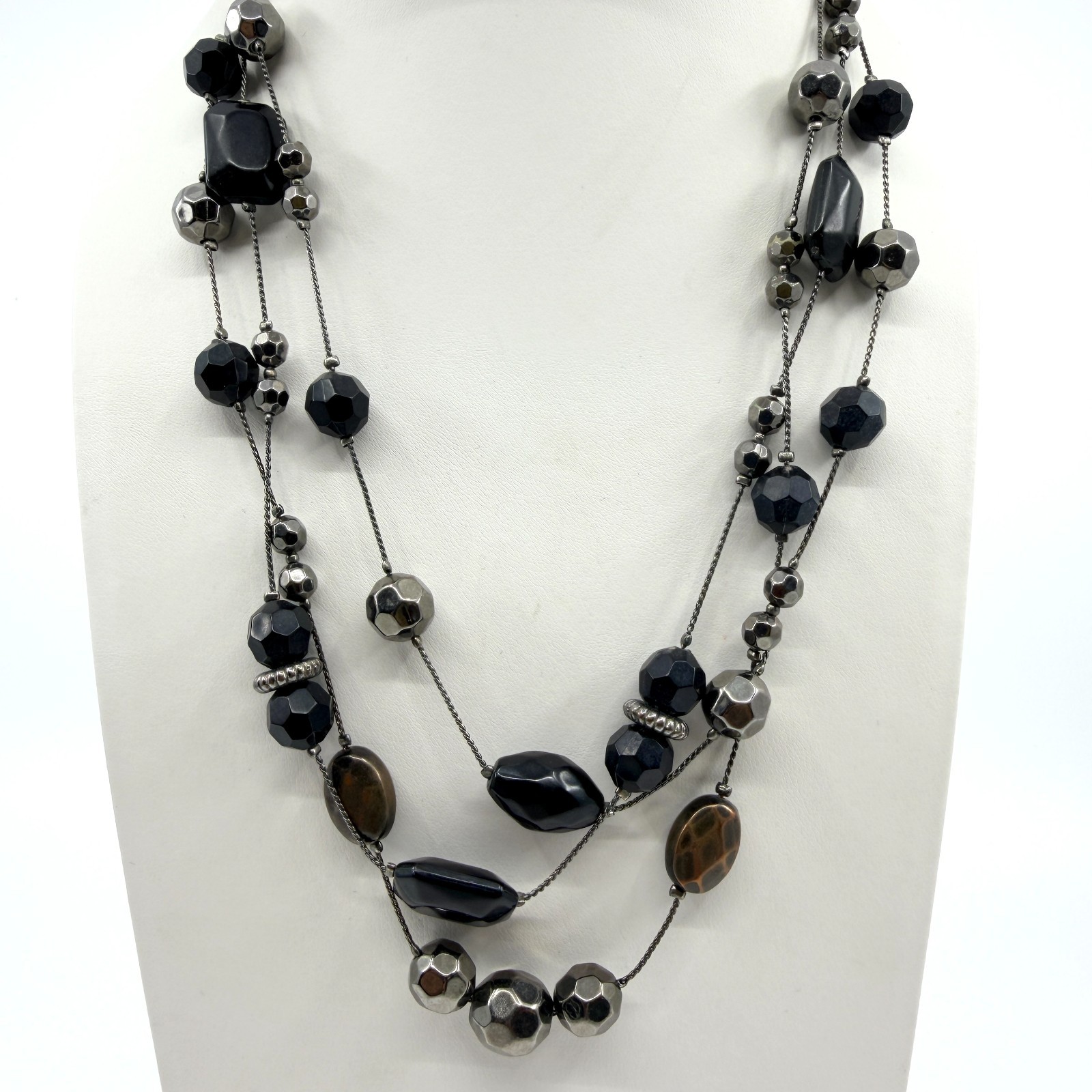 Vintage Gunmetal Tone Layered Necklace Multi Strand Black Onyx Color Bead Boho