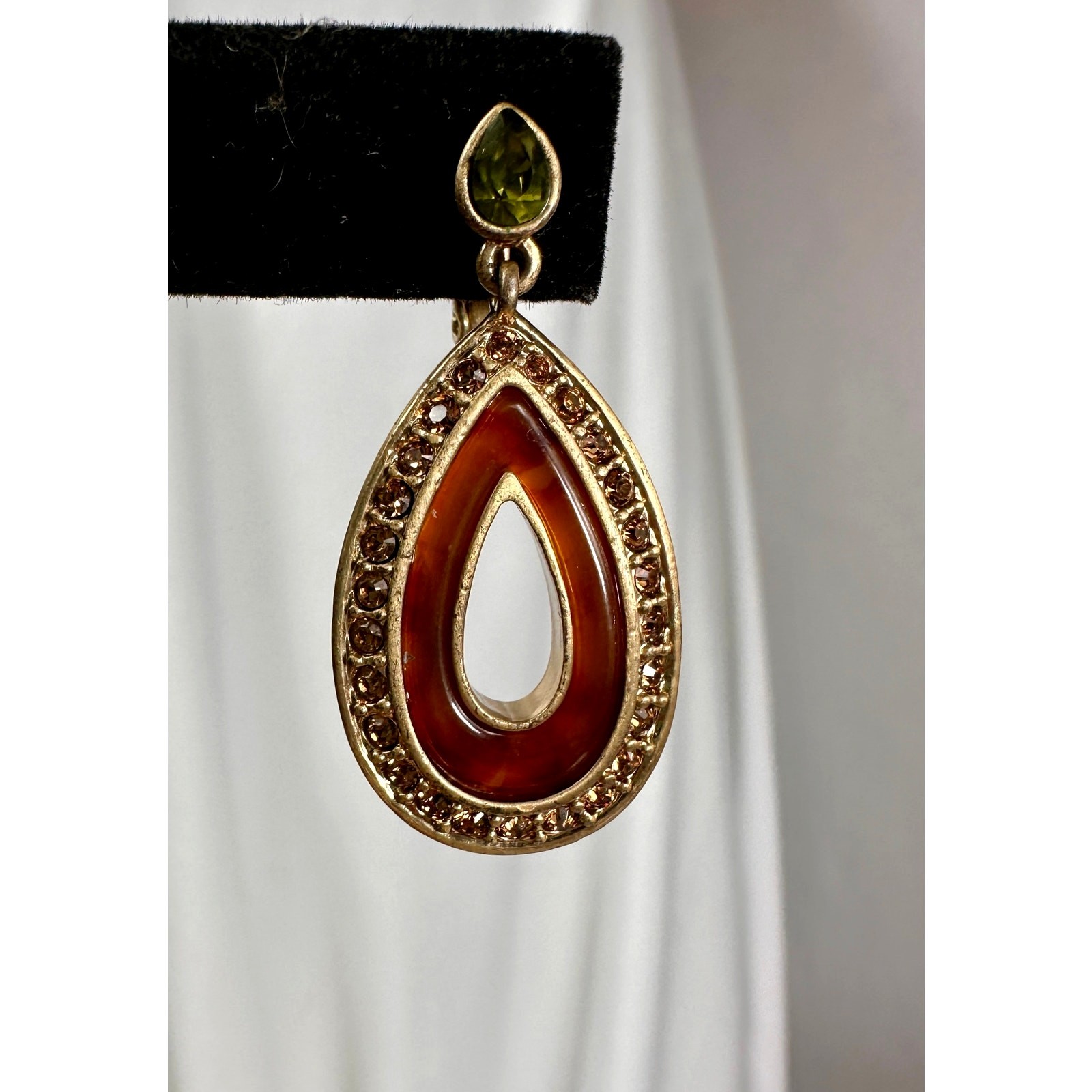 Vintage Liz Claiborne Teardrop Dangle Earrings Amber Resin Rhinestone Gold Tone
