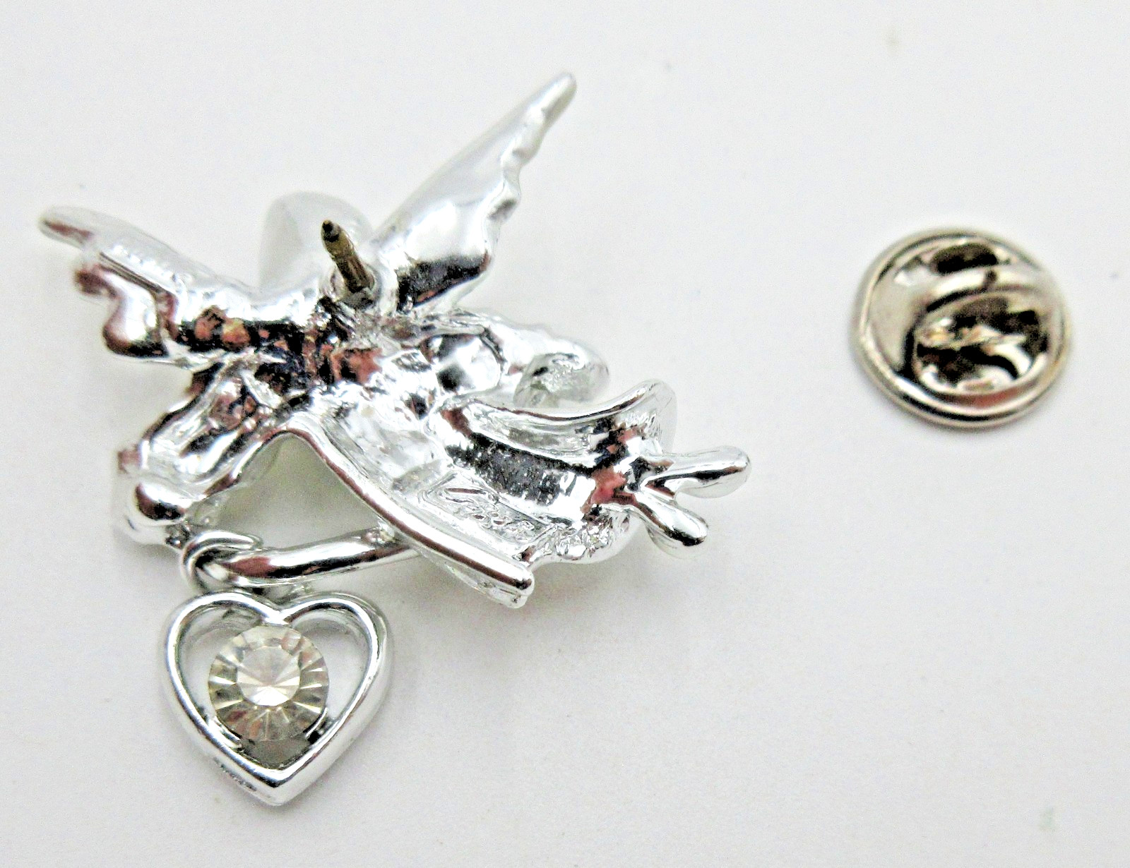 VTG GIUSTI ANGEL wing bell heart charm clear rhinestone silver tone LAPEL PIN