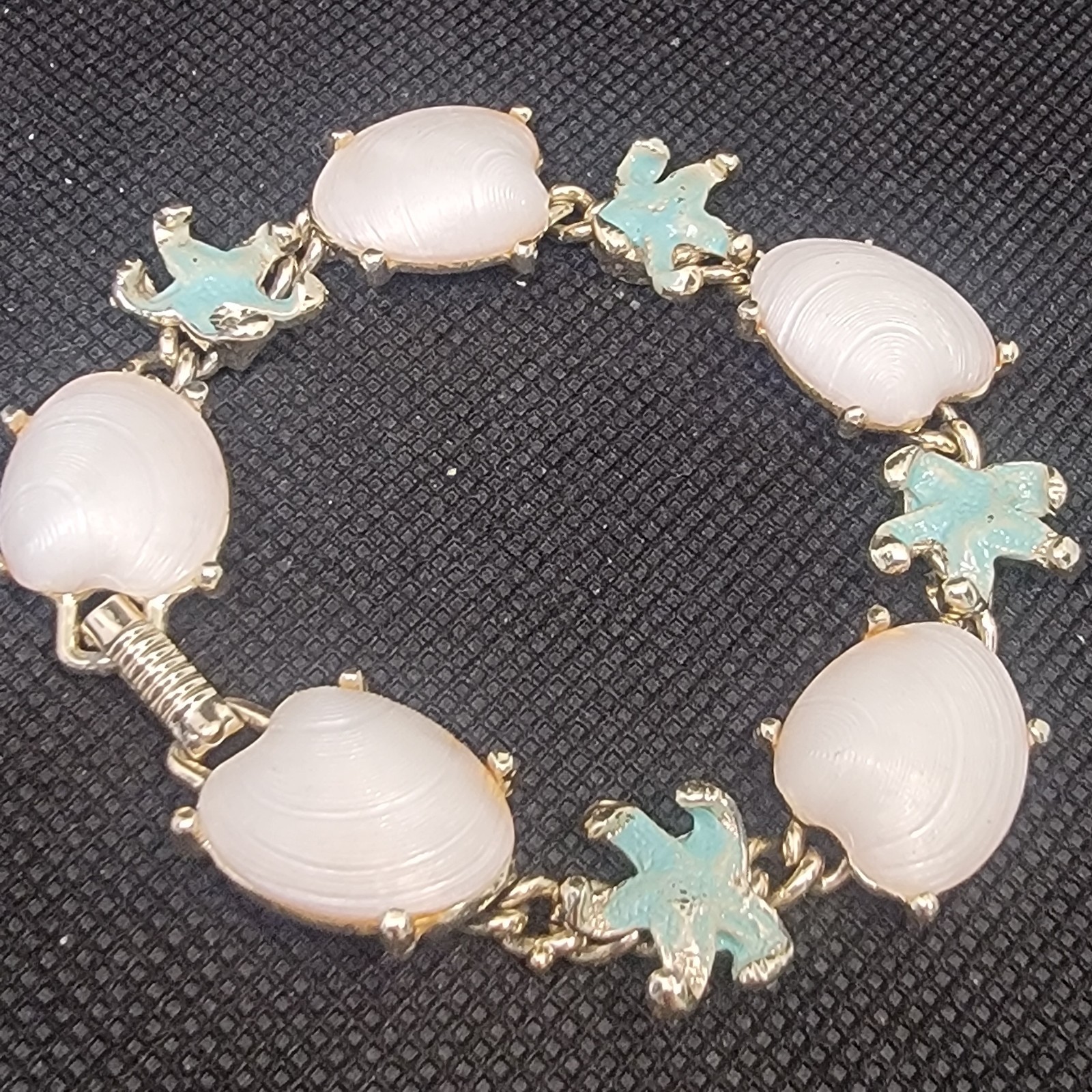 Vintage Bracelet Clip On Earrings Acrylic Shell Enameled Starfish Beach READ