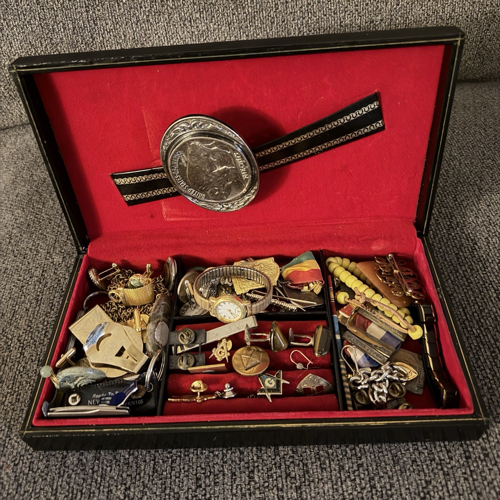 Swank Jewelry Case Filled With Jewelry Cufflinks Ring Pins Coin Watch Misc Junk