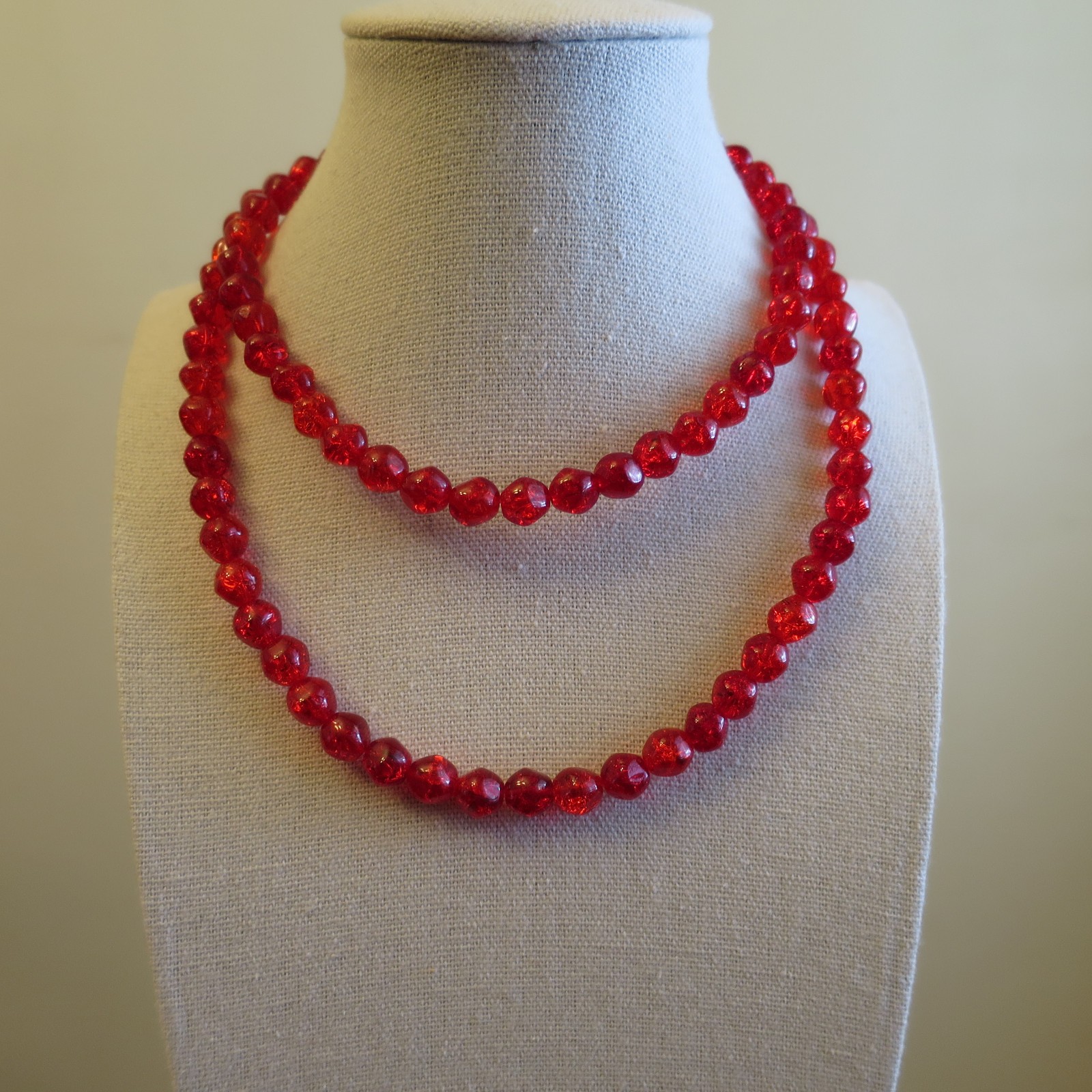 Lester Joy Red Glass Beads Beaded Necklace 29 inches Long 1960s Stunning Vintage
