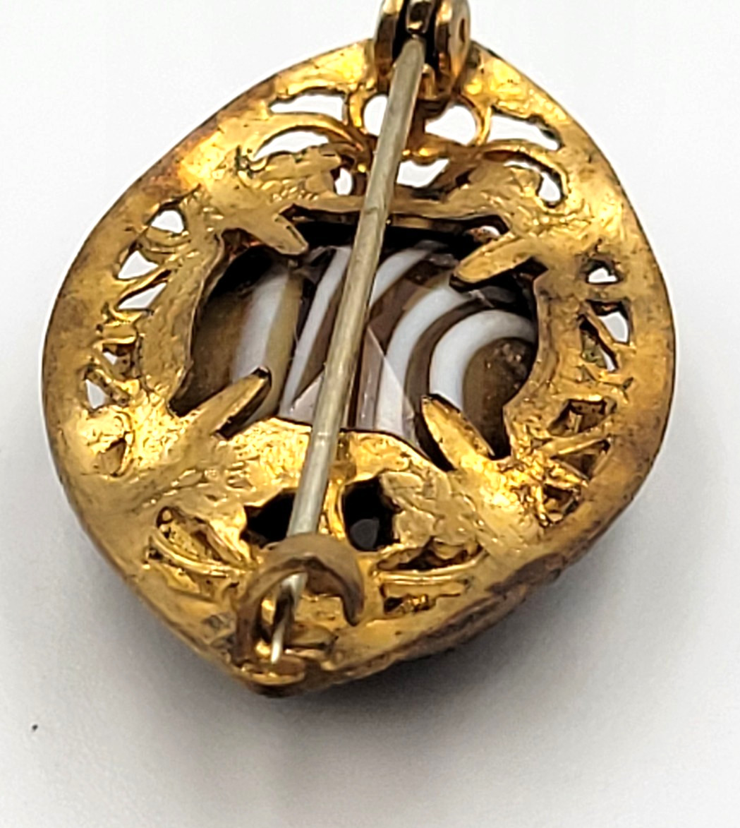 Antique Banded Agate Gold Tone Filigree Brooch C Clasp