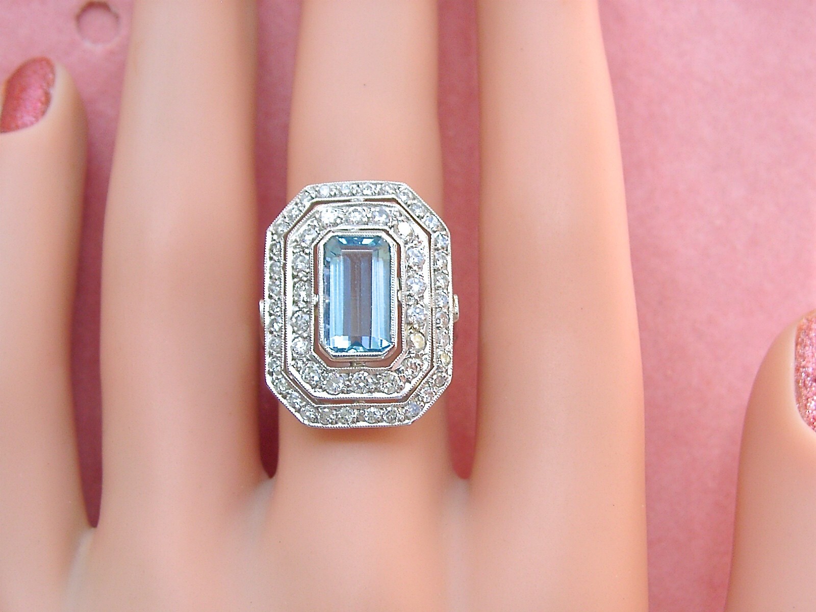ESTATE DECO 1.55ct AQUAMARINE 1ctw OLD DIAMOND PLATINUM COCKTAIL RIGHT-HAND RING