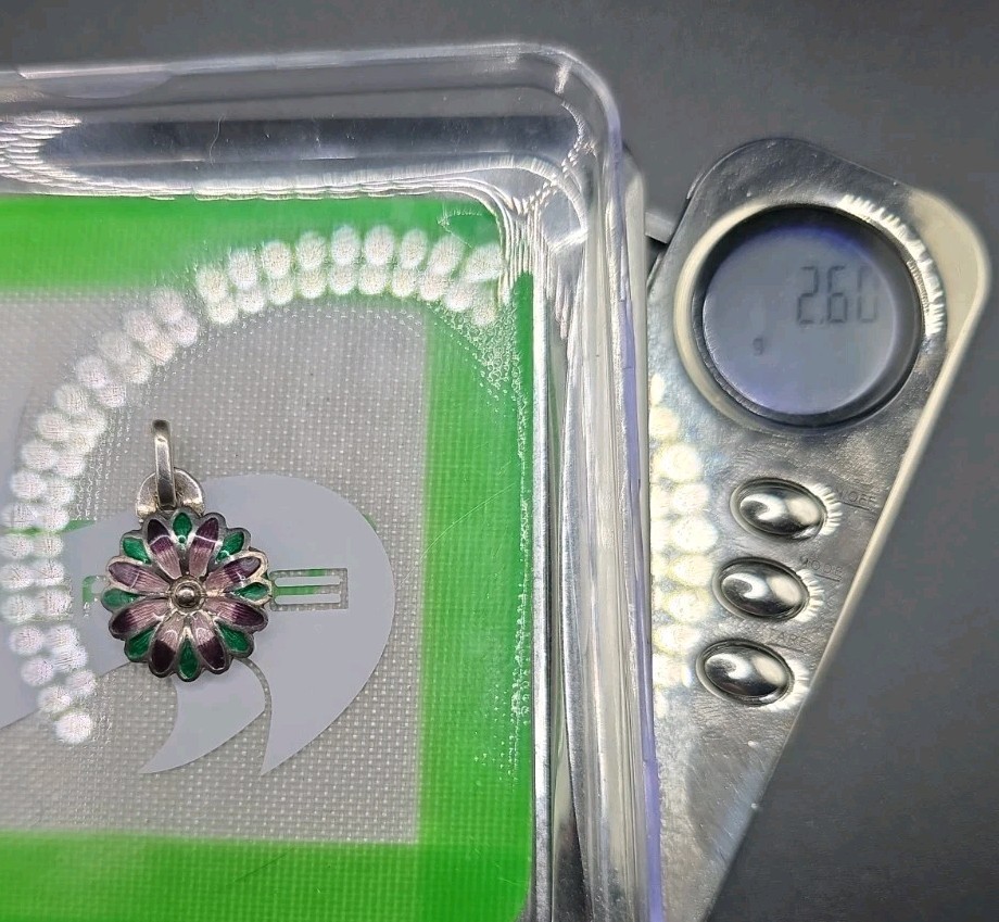 ​Vtg Mexico 980 Silver Enamel Flower Pendant Purple Green Daisy Taxco…